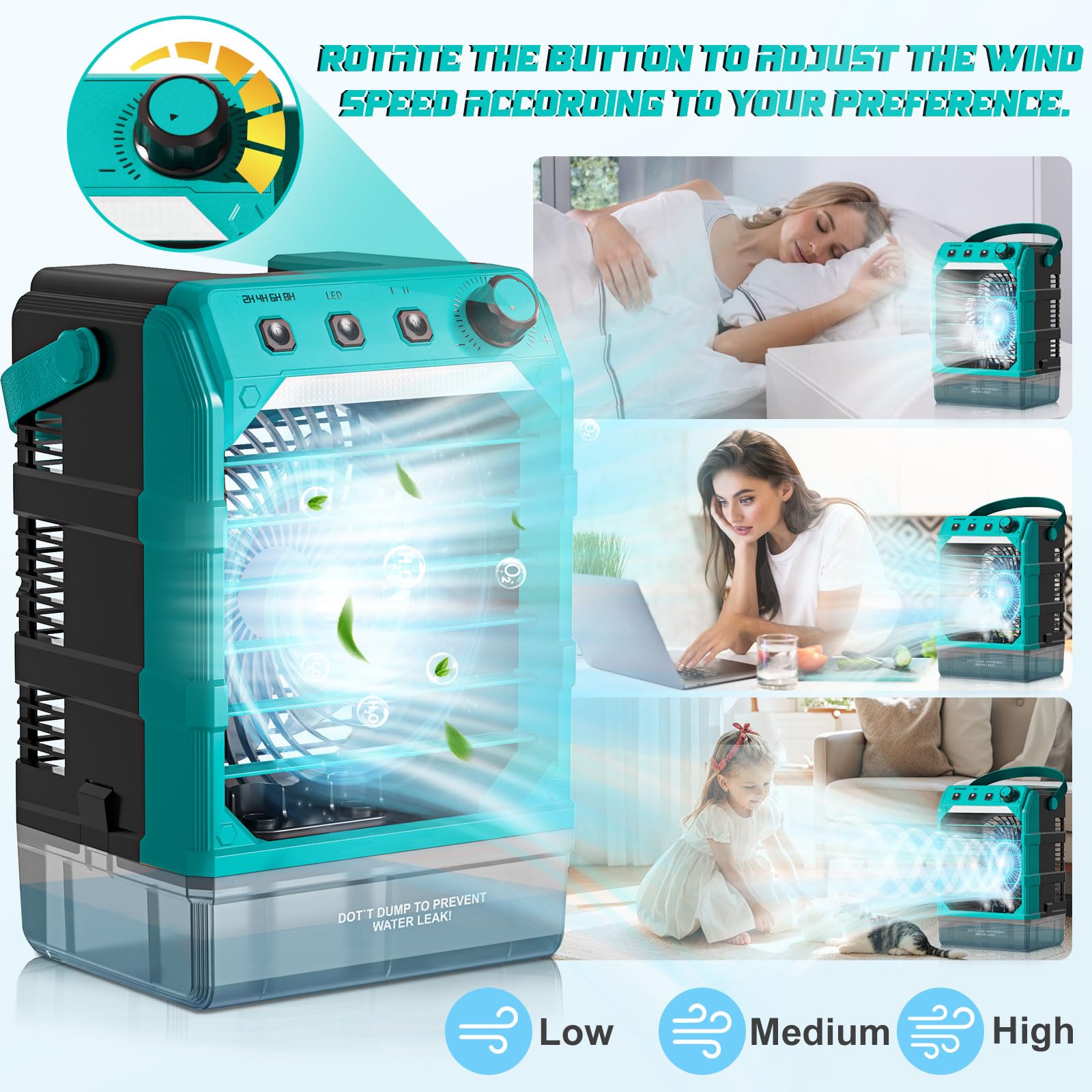 Ventilator mit Wasserkühlung Kompatibel für Makita 18V Akku und USB-betrieben，Luftkühler mobil mit Wasserkühlung,Ventilator mit Luftbefeuchter für Terrasse, Garage Urlaub Sport Büro Garten