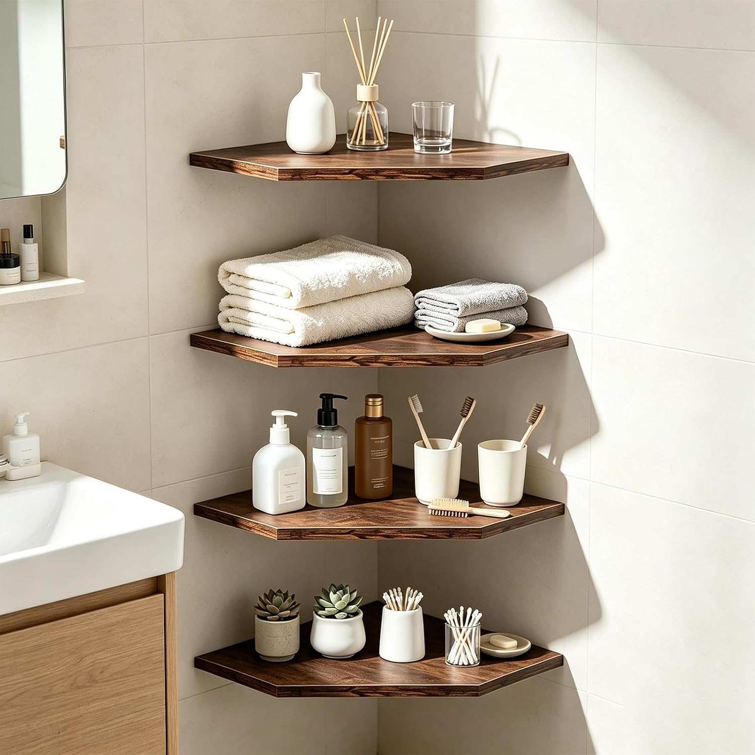 Corner Shelf Wall Mounted Set of 4, Corner Floating Shelves 10 inch Deep