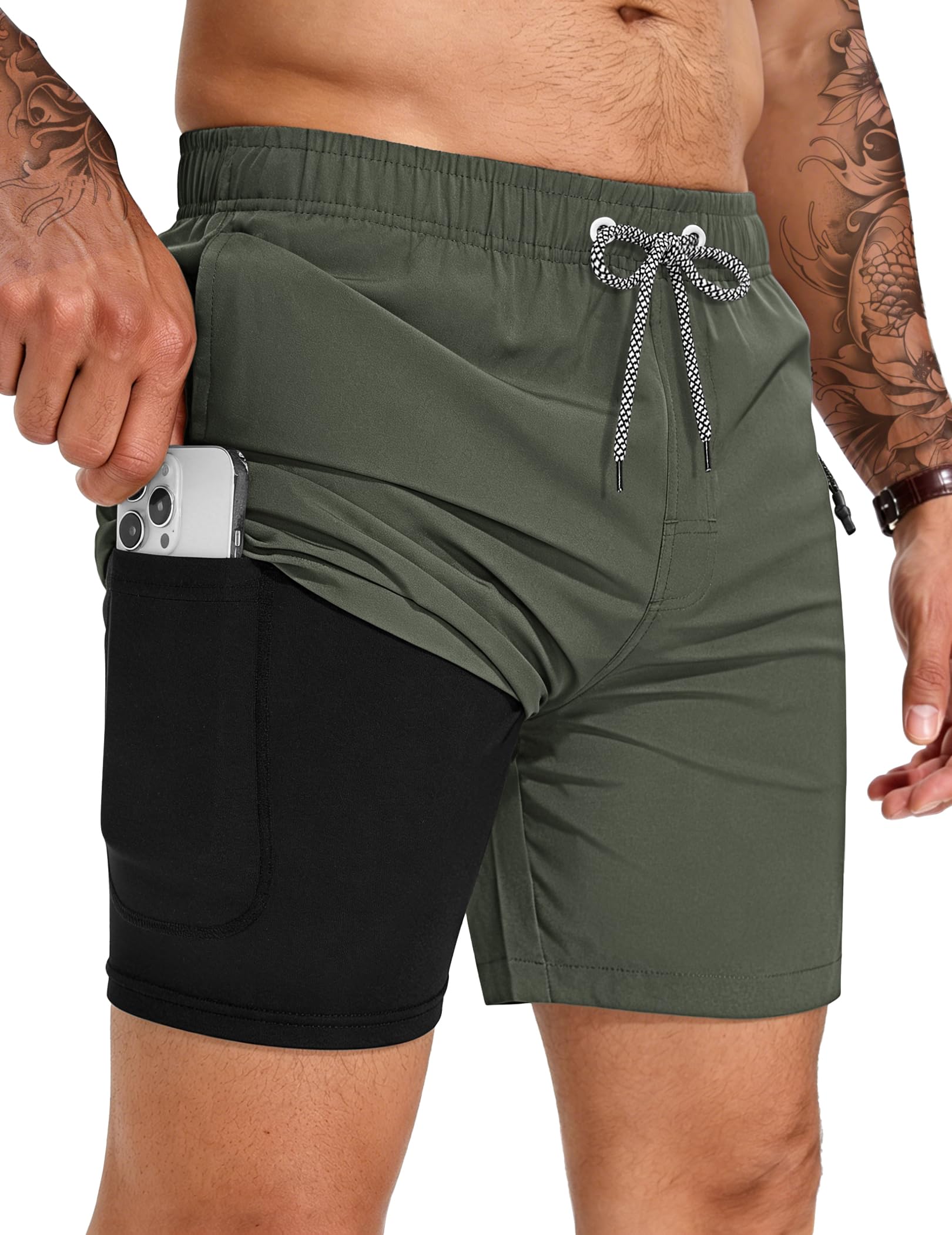 TARAINYA Badehose Herren Zipper Badeshorts 2 in 1 Kompression Liner Schnelltrocknend Atmungsaktiv mit Kordelzug für Strand Schwimmen Urlaub M-4XL