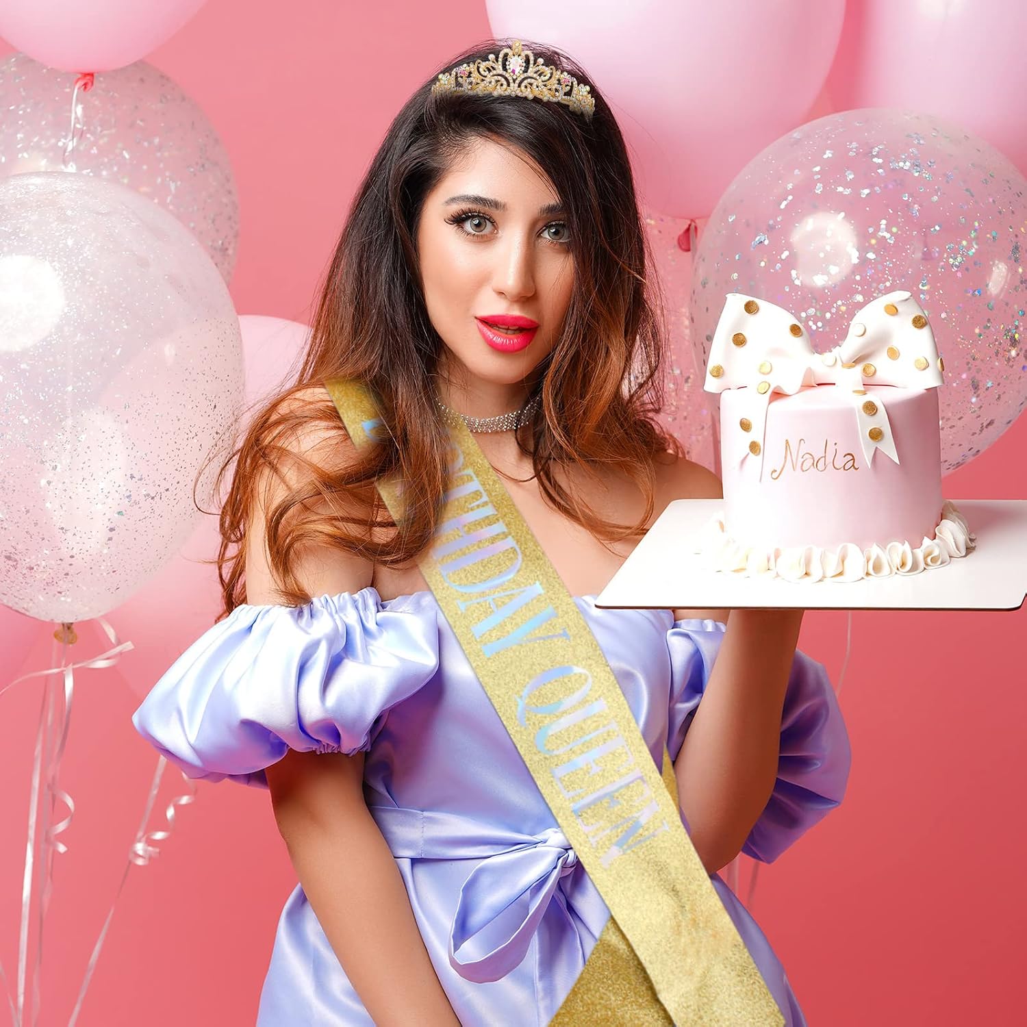 COCIDE Birthday Silver Tiara and Crowns for Women, Glitter Sash for Party (9 Gold Sash) image 2