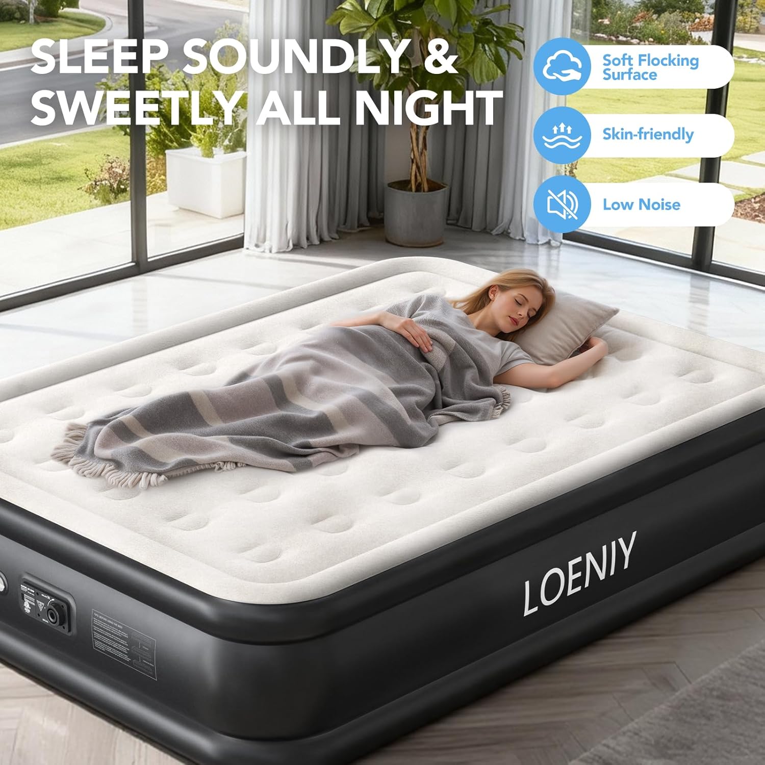 Queen Air Mattress with Built in Pump, 18” High Inflatable Mattress with Storage Bag, 3 Mins Easy Inflation/Deflation, 800lbs Heavy Duty Blow up Mattress, Flocked Top Air Bed for Home & Guests