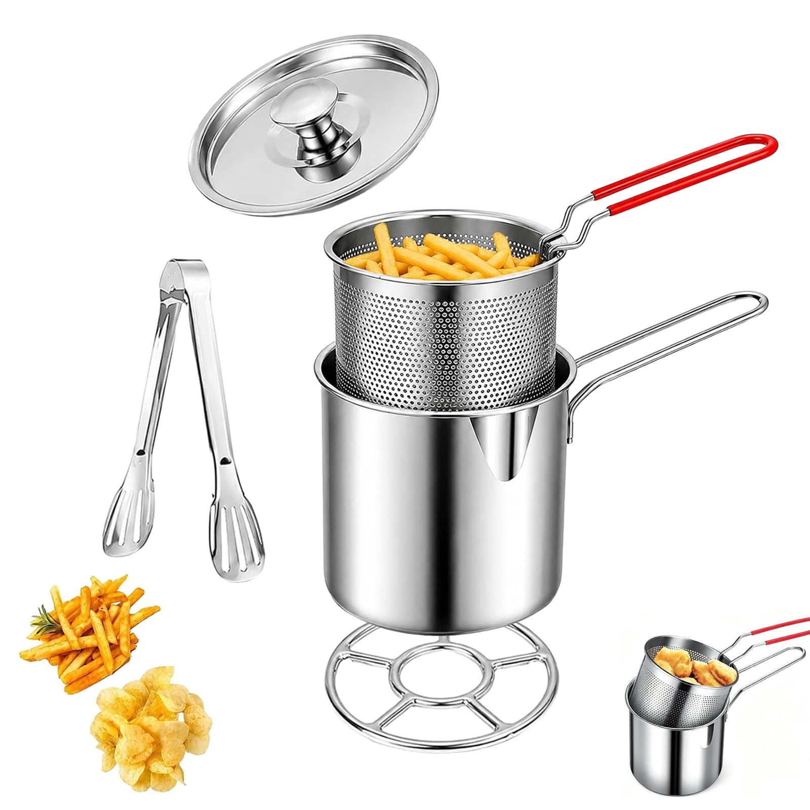 Set Mini Friggitrice Profonda Personale, Pentola Filtro Olio (#B) | Pentola Multifunzionale in Acciaio Inox 304 Cestino Filtro, Pentola Compatta con Coperchio per Cucina, Friggere, Cucinare