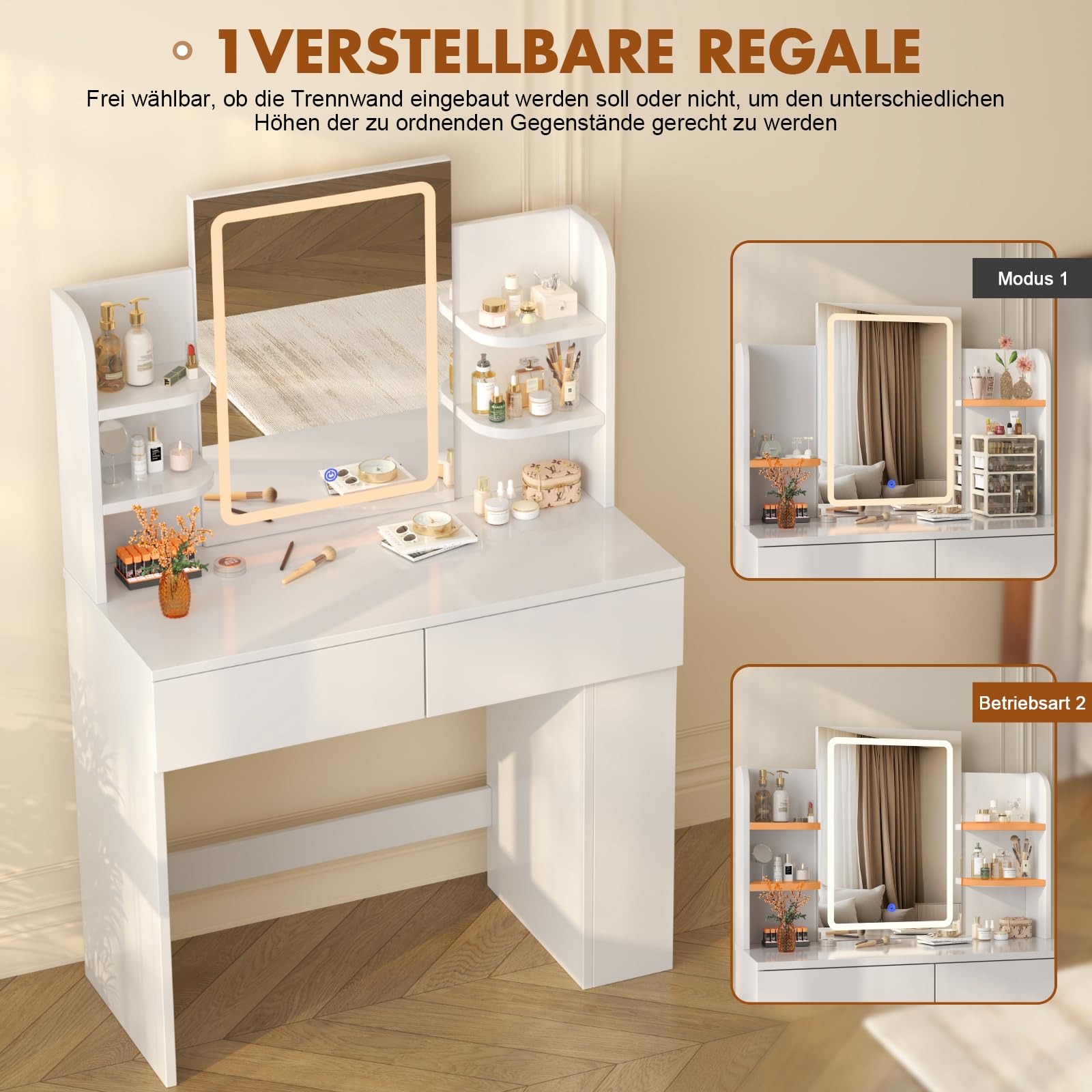 Devoko Schminktisch mit LED-Beleuchtung Spiegel, 3 Farben Verstellbarer Helligkeit, Frisiertisch mit 2 Schubladen, 4 Ablageböden, Modern, 90 x 40 cm für das Schlafzimmer, Weiß