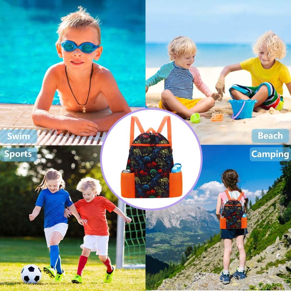 RHCPFOVR Dinosaur Drawstring Backpack for Kids - Drawstring Bags for Girls Swim Bag for Beach Swimming Pool Lightweight Draw String Bags Waterproof Sports Gym Bag With Two Water Bottle Holder