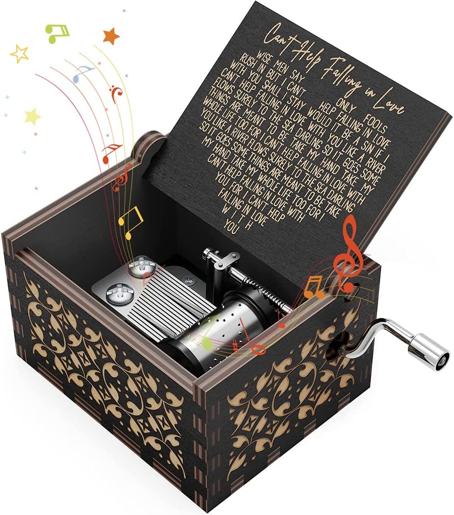 PATPAT Wooden Vintage Hand Crank Music Box Romantic Wooden Music Box Gift Vintage Can't Help Falling in Love Engraved Kids Music Toy Desk Decoration