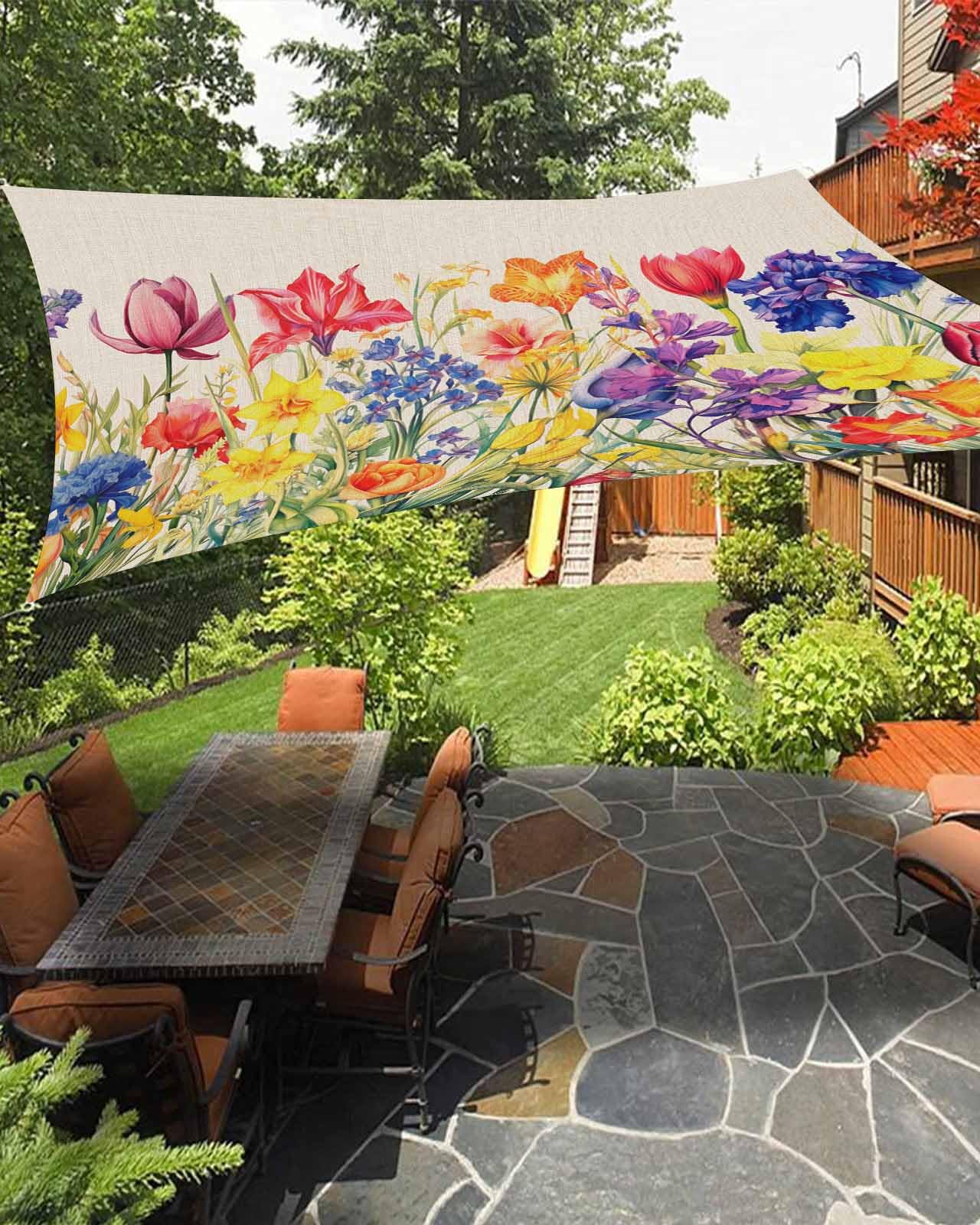 Vintage Floral Sun Sail Shades Rectangle Canopy,Sunlight Block Heavy Duty Curved Backyard Shade Cover,Waterproof Sun Shades for Patios Garden Outdoor,12'x16' Rainbow Color Garden Blossom Watercolor