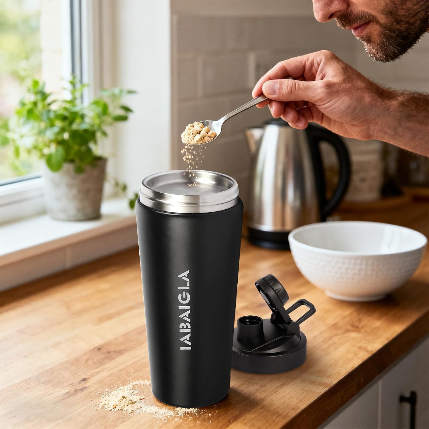 20oz Shaker Bottle, Stainless Steel Protein Shaker with Removable Mixer, Double Wall Insulated Thermo Cup, Leak Proof Lid for Protein Shakes & Gym (black)