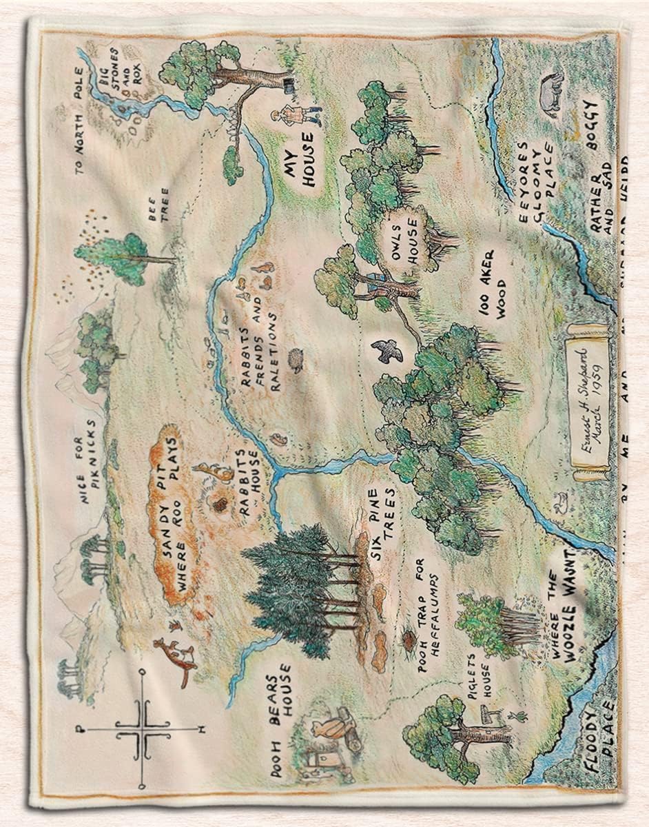 100 Acre Wood Map Jungle Blanket, Blankets Custom Bear Blanket, Cartoon Cute Flannel Fleece Throw Anime for Kids Teens Adults Warm Super Soft Cozy (Medium (60x50 Inches))