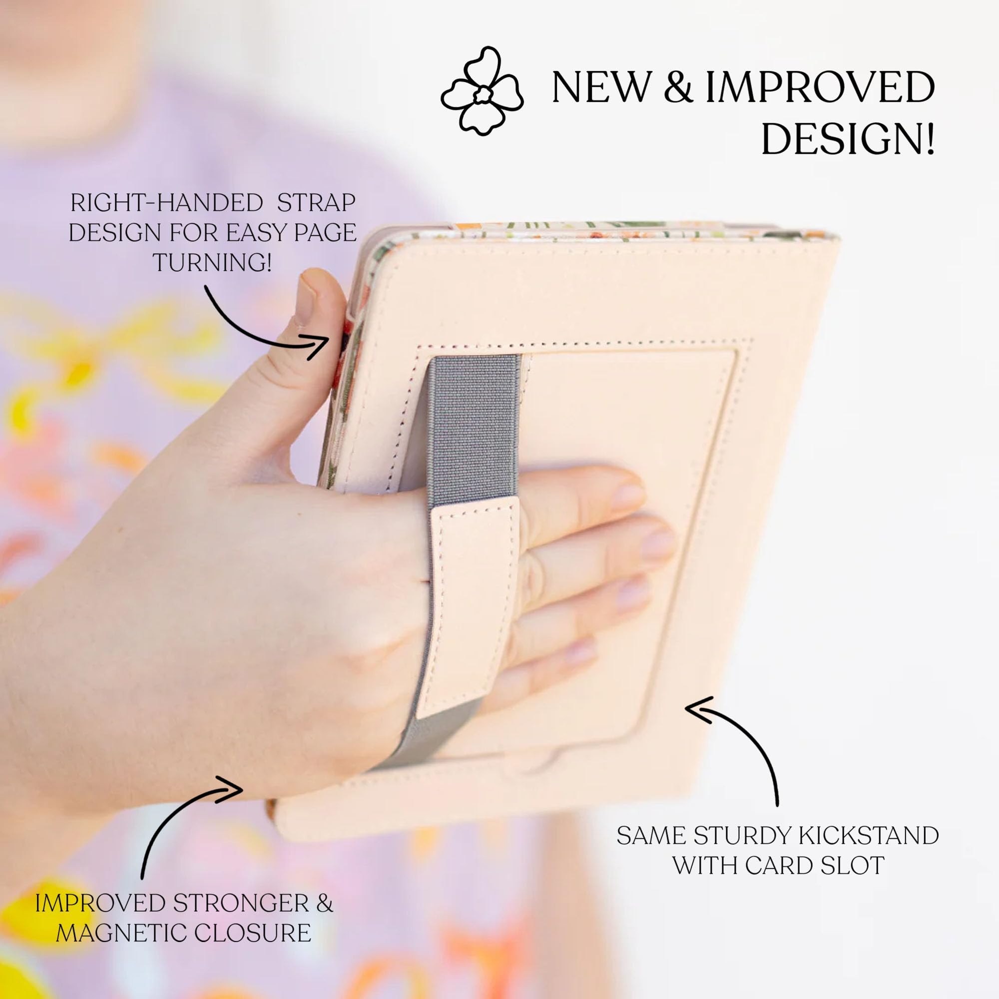 Elyse Breanne Design, Compatible con Paperwhite, lector Kindle de 11ª generación, carcasa de piel sintética, funda para dispositivo inteligente, correa de mano elástica, caballete para ponerse de pie