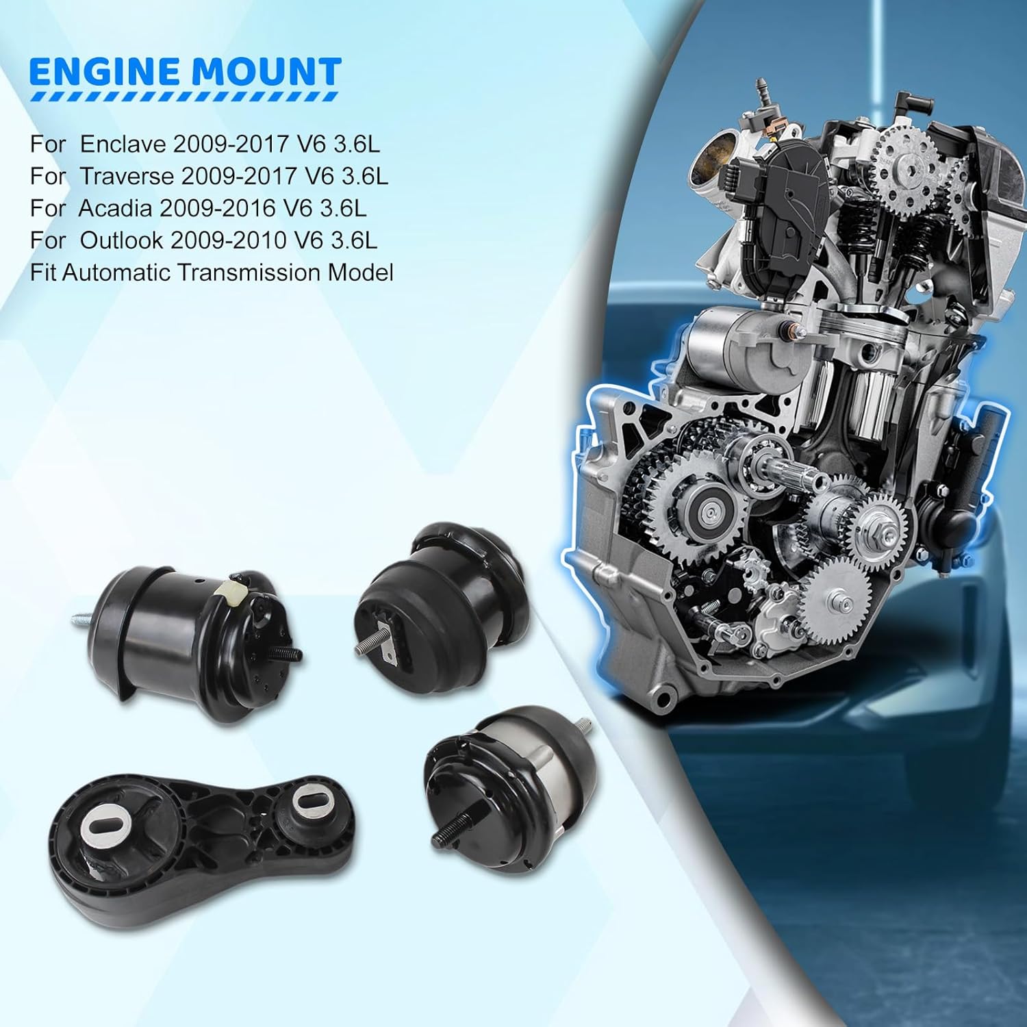 4pcs Engine Motor Mount A5549HY A5548HY A5444 A5458HY Fits for 2009-2016 Acadia Saturn Outlook 2009-2017 Enclave Chevy Traverse 3.6L