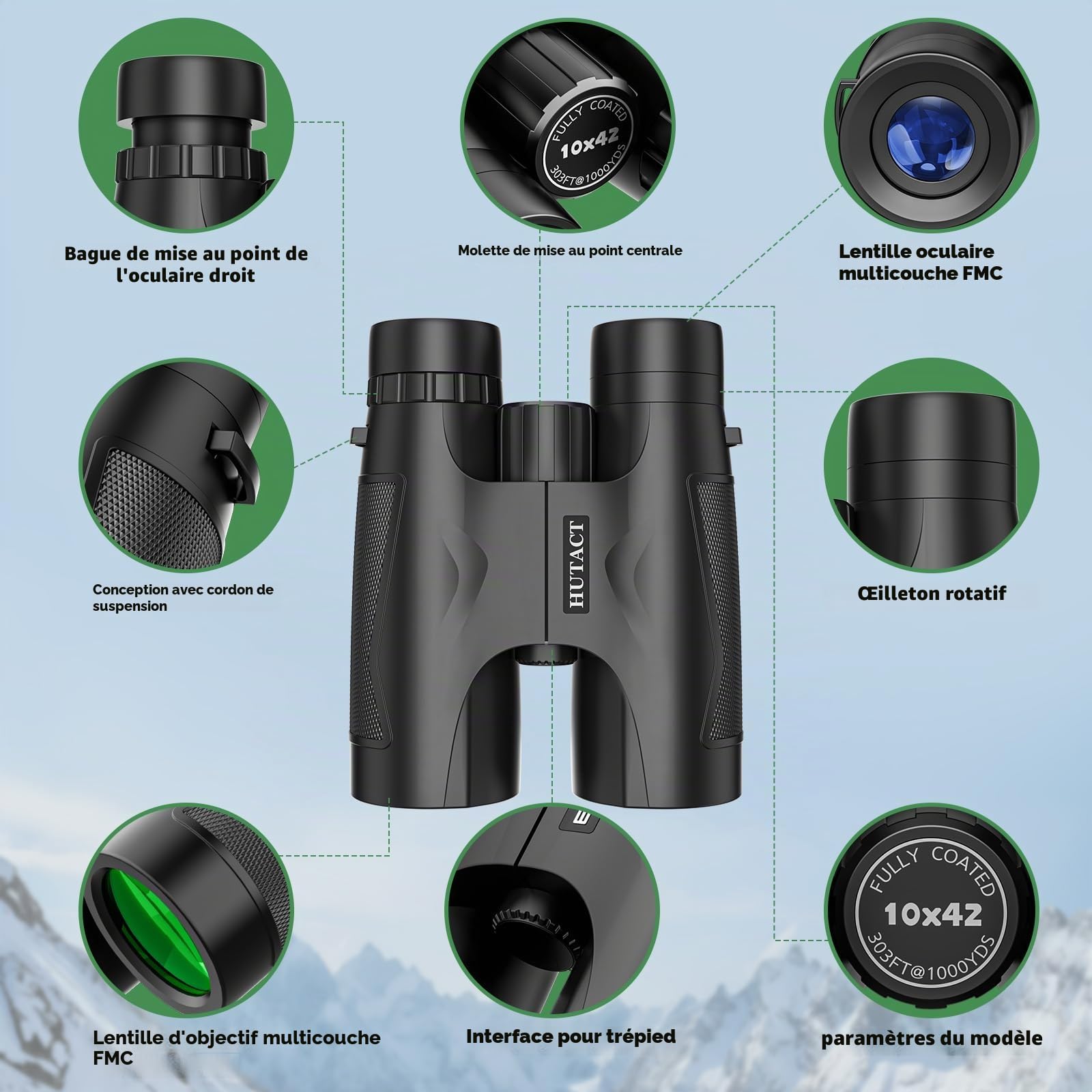 Jumelles Adultes puissante 10 x 42 avec BAK4 Prism, FMC lentille, Grande oculaire, Compact,Idéales pour Les Voyages en Plein air, pour Observer Les Animaux et pour Regarder Un Concert