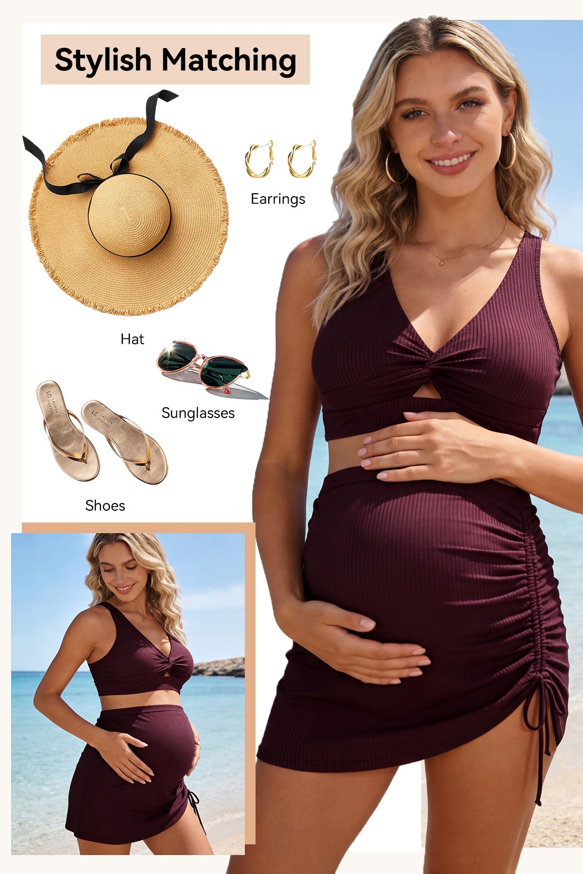 SHEKINI Zweiteiliger Schwangerschafts-Badeanzug mit hoher Taille, Bikini-Set, Schwangerschafts-Badeanzug, gedrehte Vorderseite, Netz-Baderock