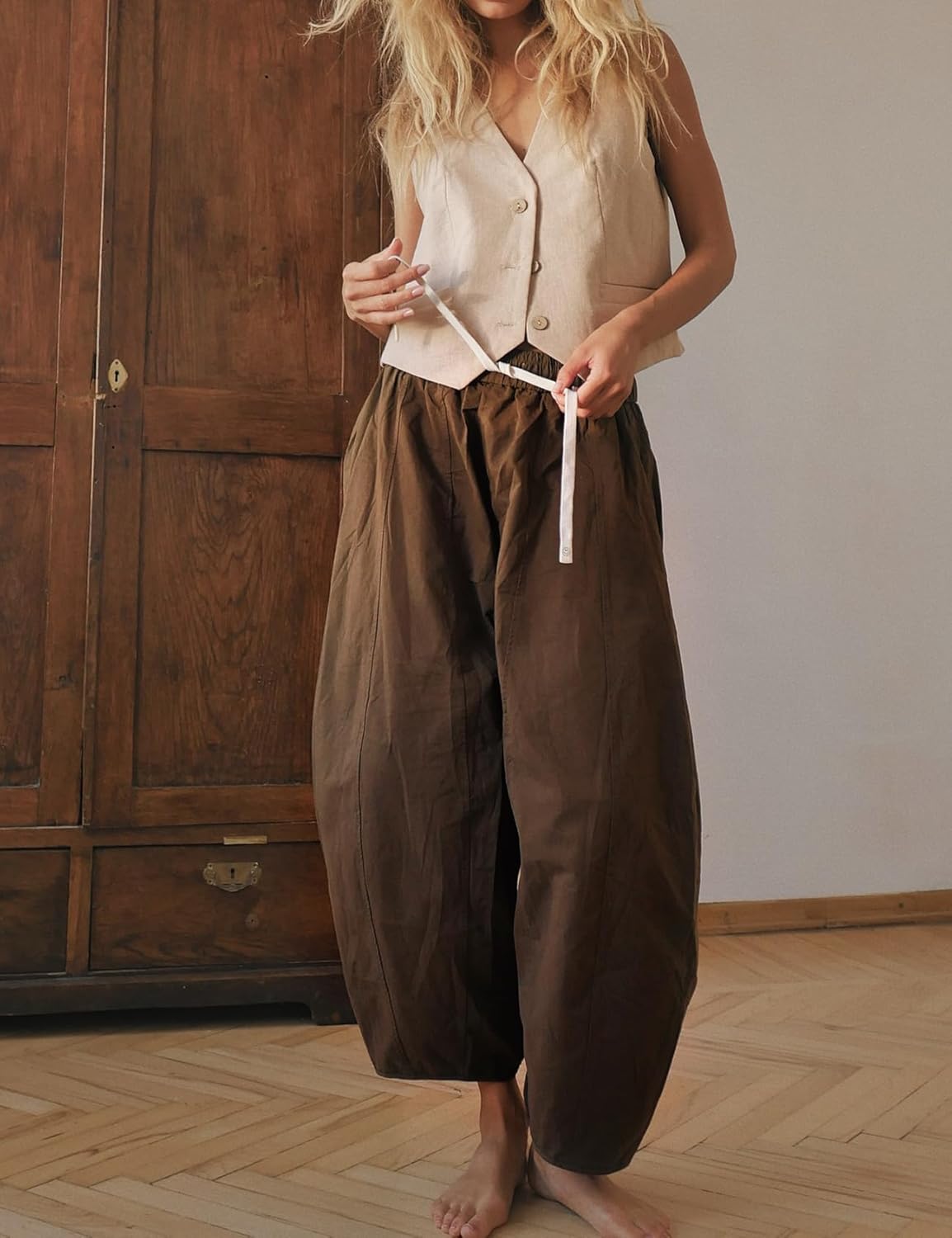 Wyeysyt Barrel Jeans Women Wide Leg Elastic Waistband Cotton Pants Baggy Palazzo Pants with Pockets(Brown-L) - Image 5