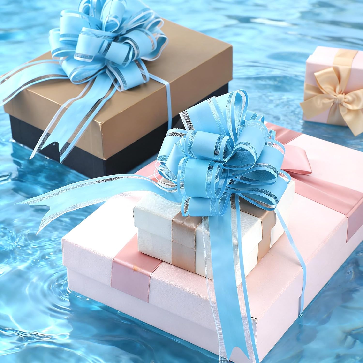 6PCS Blue Pull Bows, Large Pull Bows for Gift Baskets Wrapping, Decorative Ribbon for Presents, Christmas, Birthday, Wedding Decorations, Baby Blue Ribbon Gifts Wrap Bow - Image 2