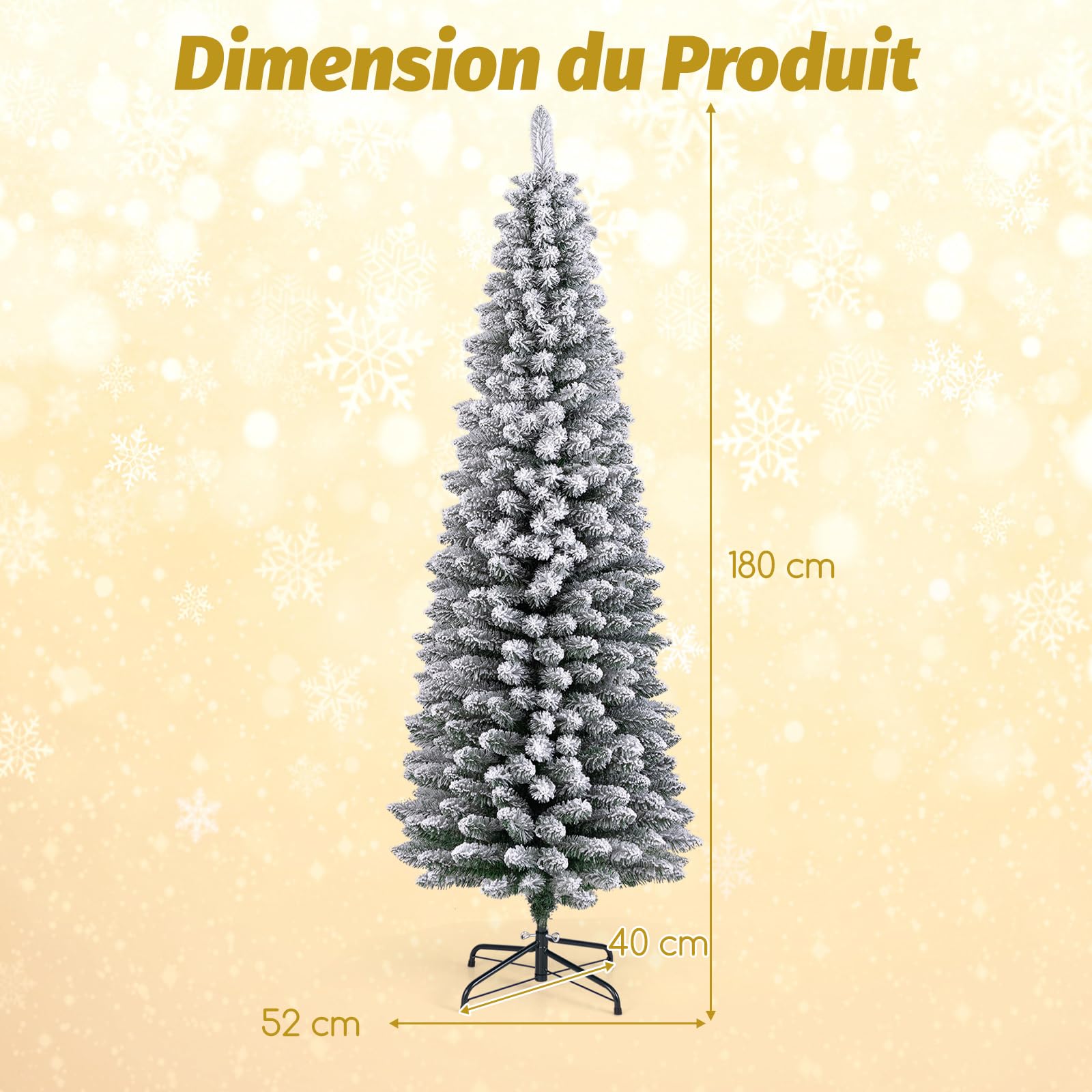 GYMAX Sapin de Noël Artificiel 180cm Mince Mignone, 460 Branches Blanches Floquées de Neige en PVC, Installation Facile en 3 Sections, Support en Métal, pour Maison, Bureau et Hôtel