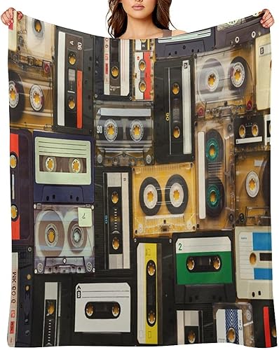 Miniatura 23 de Colorida manta de franela con cinta de casete de los años 80, estilo retro rústico de los años 70 y 80, cintas mecánicas de acuarela suave, cálida y