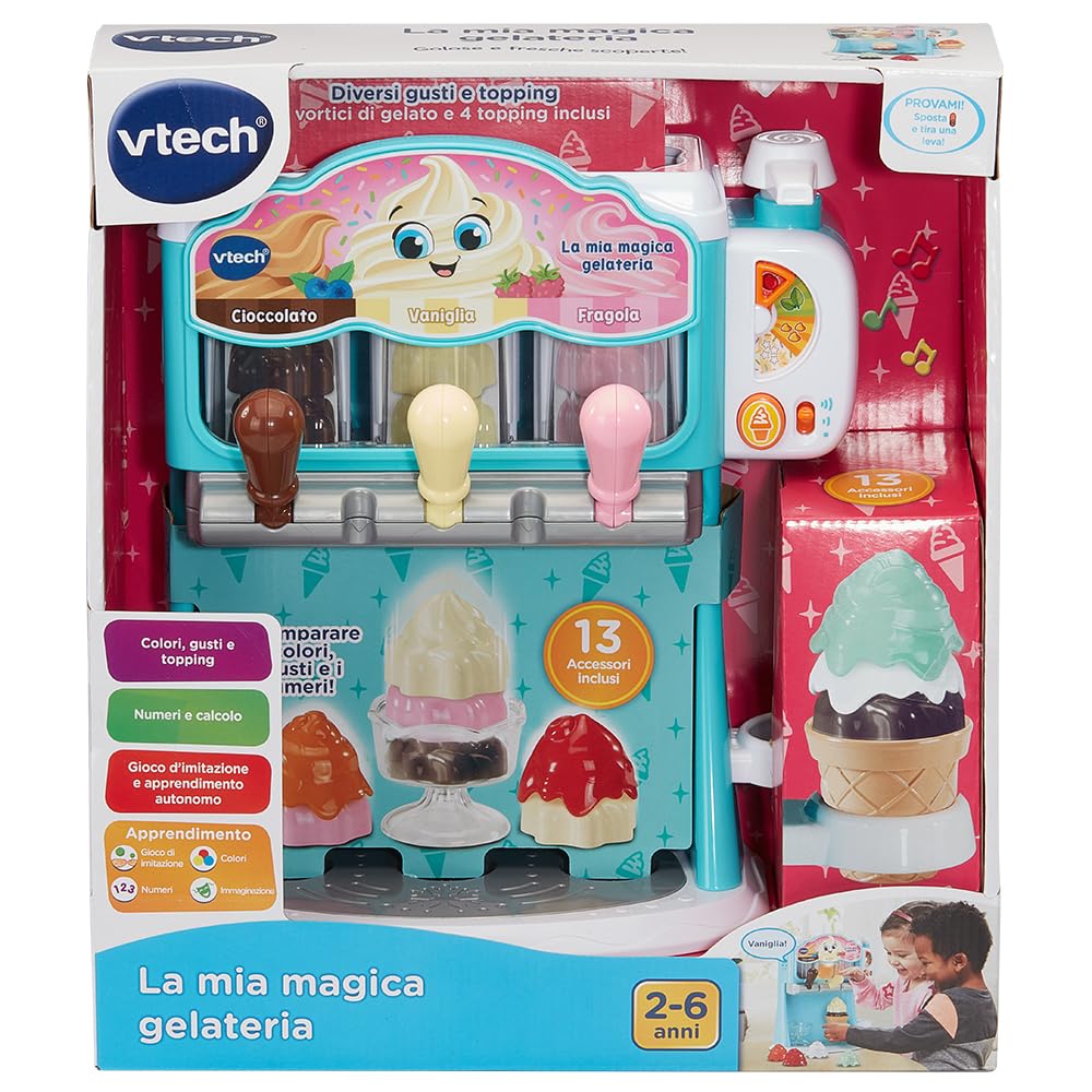 VTech La Mia Magica Gelateria, Gioco di Imitazione Bambino, Gelatiera Bambino, Gioco Educativo per Sviluppo Cognitivo, 12 Accessori Inclusi, Lingua Italiana, Batterie Incluse, 2-6 Anni