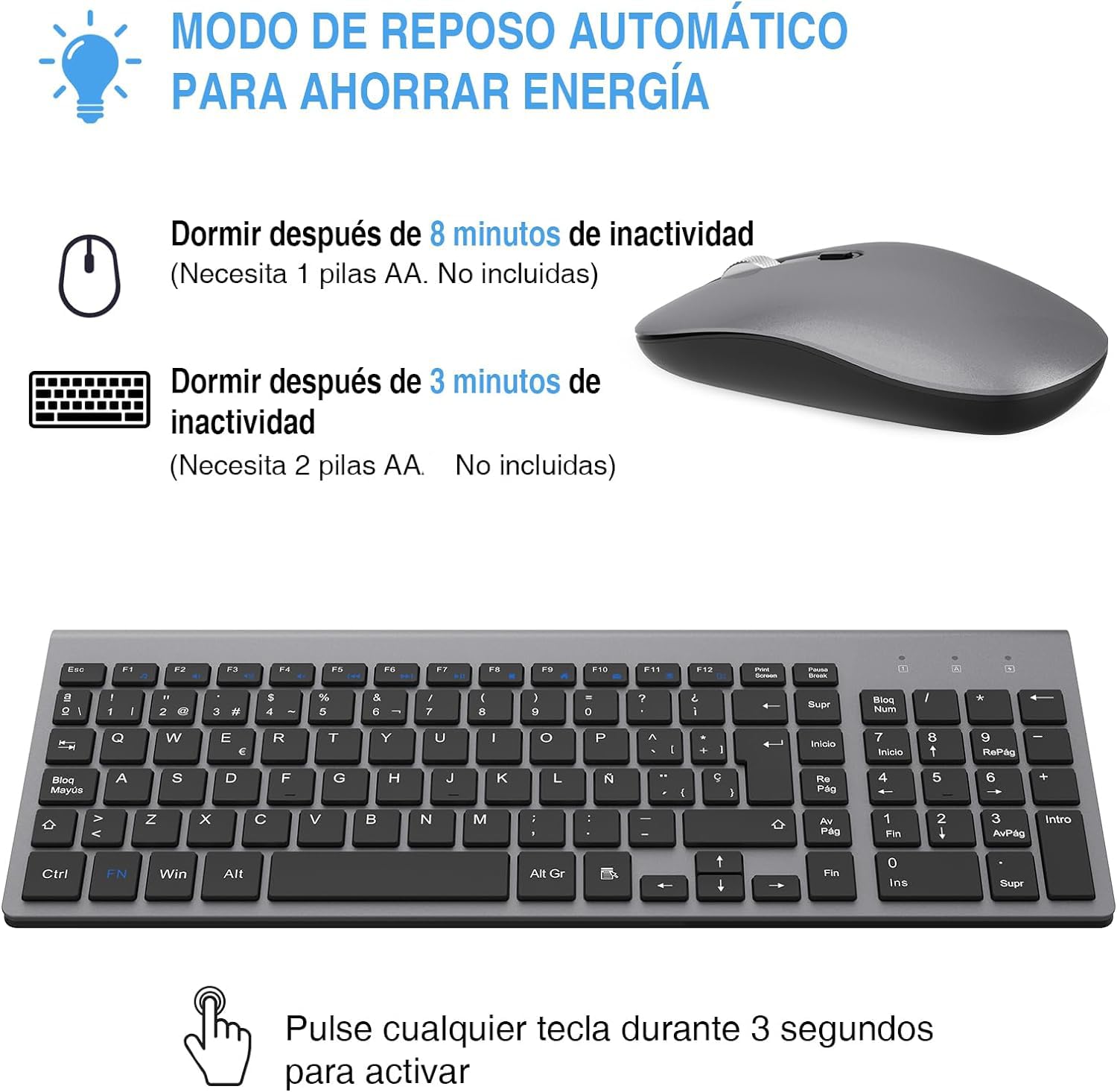 cimetech Teclado y Ratón Inalámbrico, 2.4G Combo Teclado Raton Inalambrico Español 2 en 1 USB Ultra Delgado Silencioso Mouse,Teclado y Ratón para PC/Laptops/Ordenador (Gris)