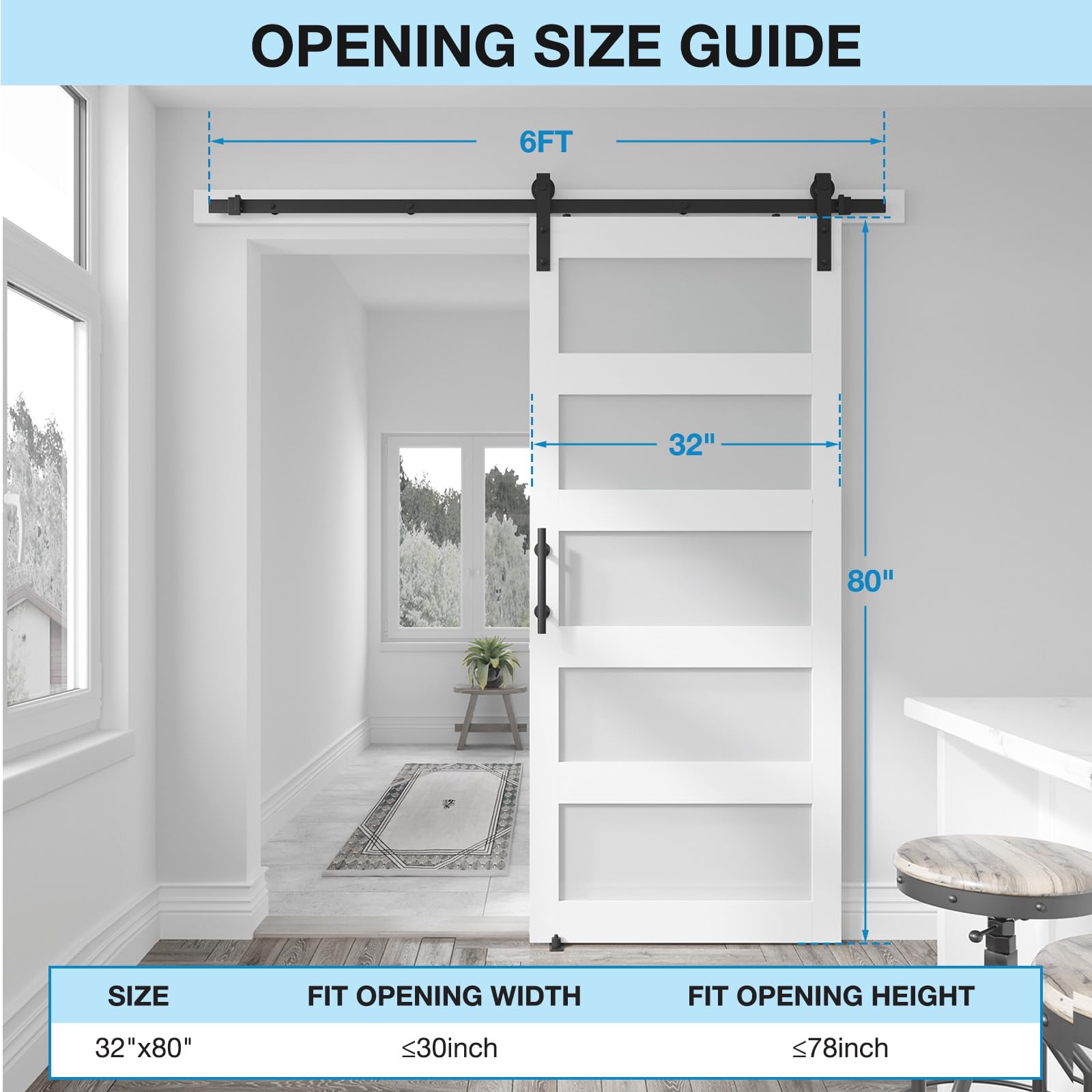 Condition photo showing New/Like New for 32in x 80in glass barn door with 6ft barn door hardware kit & handle, pre-drilled holes easy assembly -covered with water-proof pvc surface, white, 5 panel