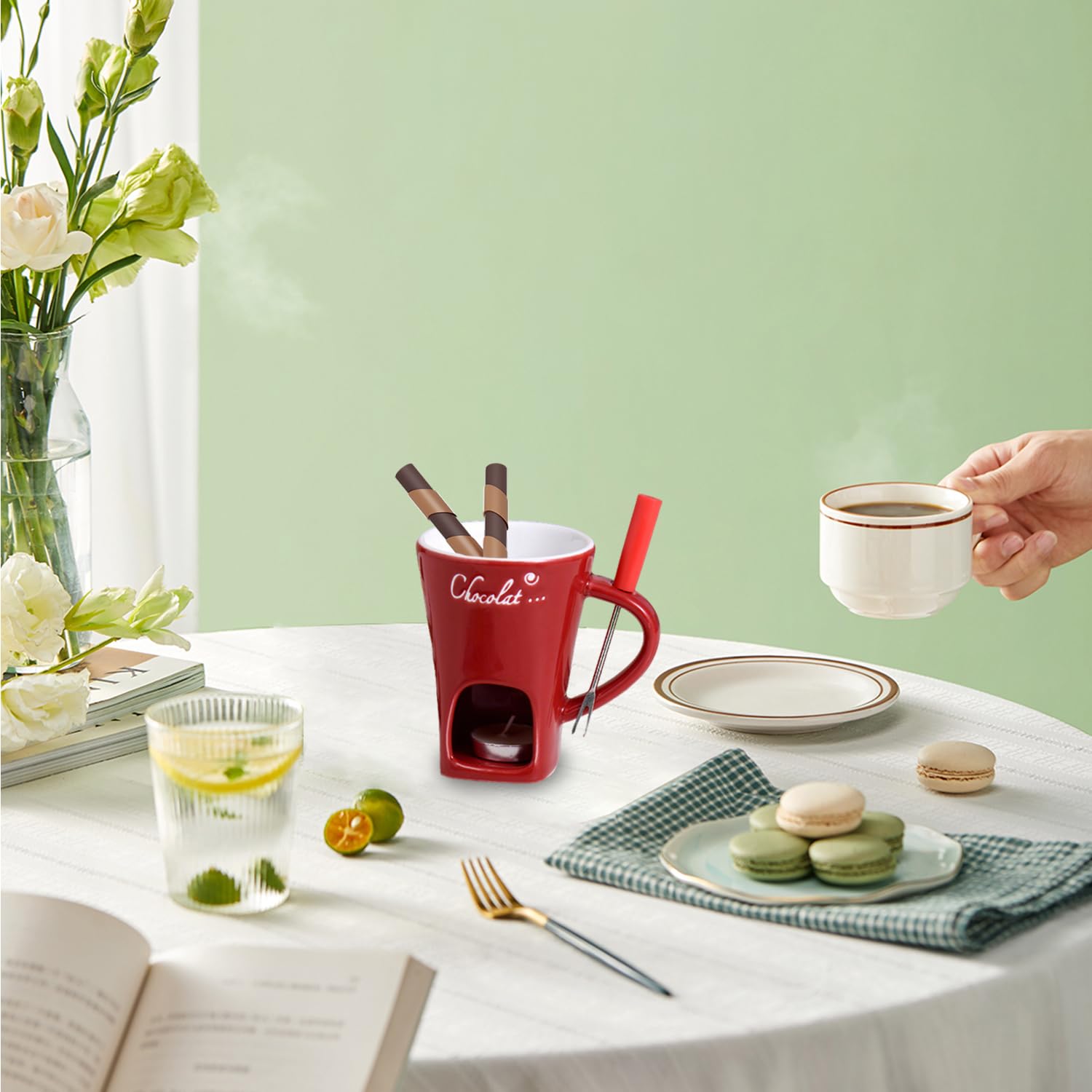 Chocolate Fondue Set Fondue Mug with Fondue Forks 200ml Hot Chocolate Mug Ceramic Fondue Pot Melting Cup Mug Gift Fondue Cheese Chocolate Mini Fondue Set for Office School Home (NO Candles) - Image 4
