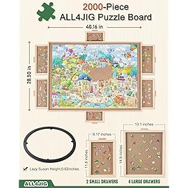 ALL4JIG 2000 Pieces Rotating Puzzle Board with 6 Drawers and Cover,28x40Portable Wooden Jigsaw Puzzle Table for Adults,Lazy Susan Spinning Puzzle Boards Birthday Gift for mom