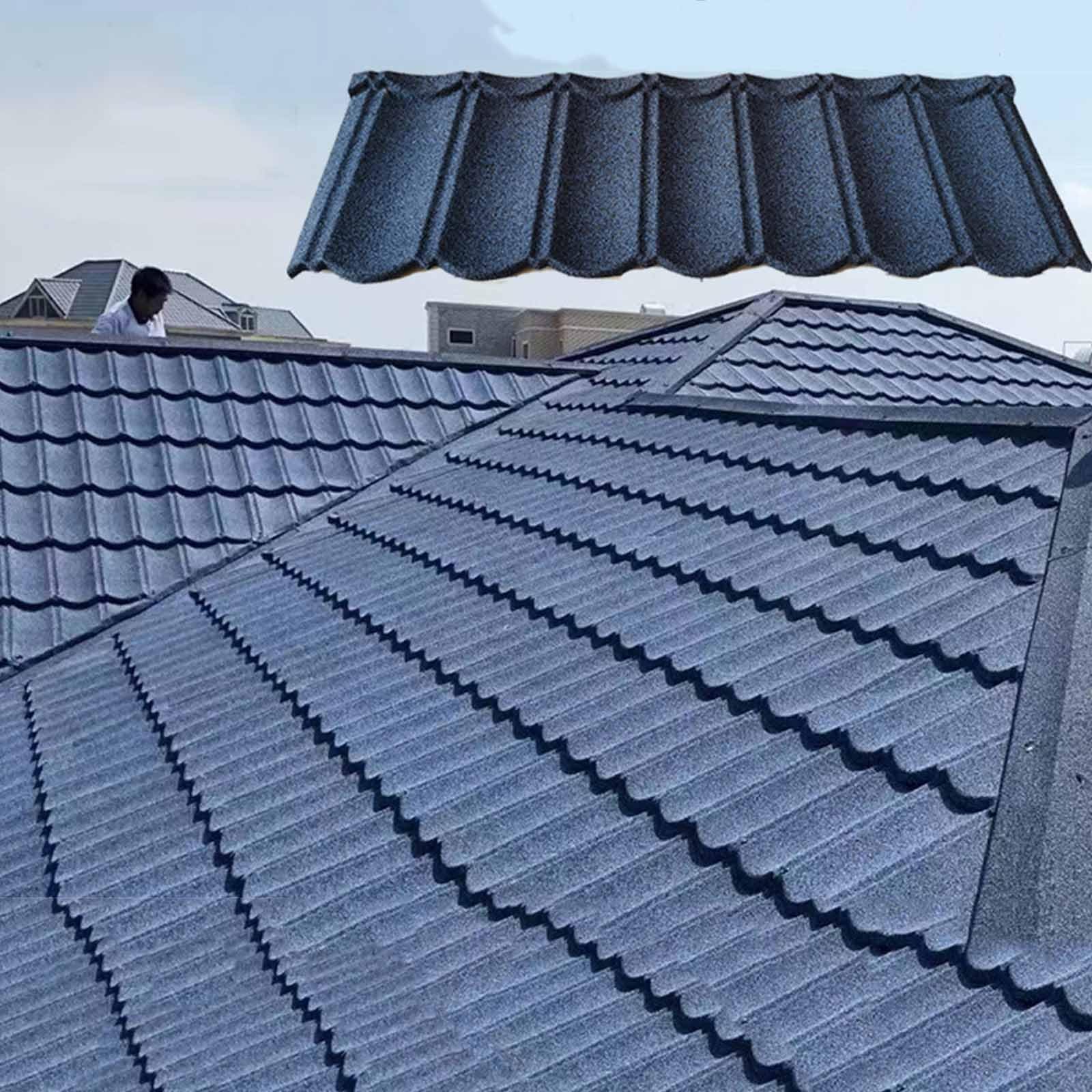 Blue metal roofing shingles panel showing corrugated steel roofing tiles