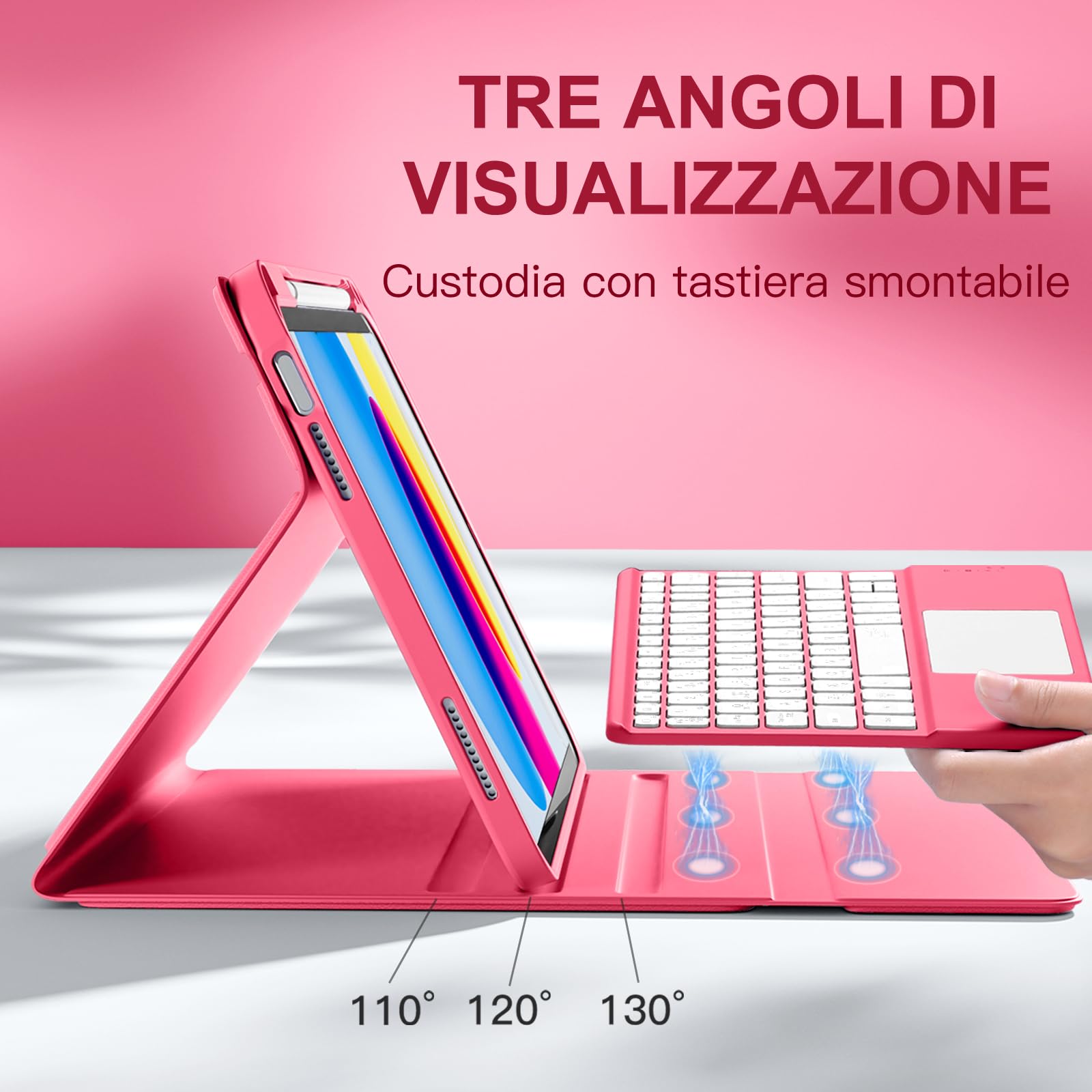 Vobafe Tastiera iPad 10 Generazione 10.9 Pollici 2022, Cover con Tastiera Rimovibile iPad A16 11 Gen 2025 con Trackpad, Italiano QWERTY con 7 Colori Illuminato, Custodia con Portapenna,Rosa