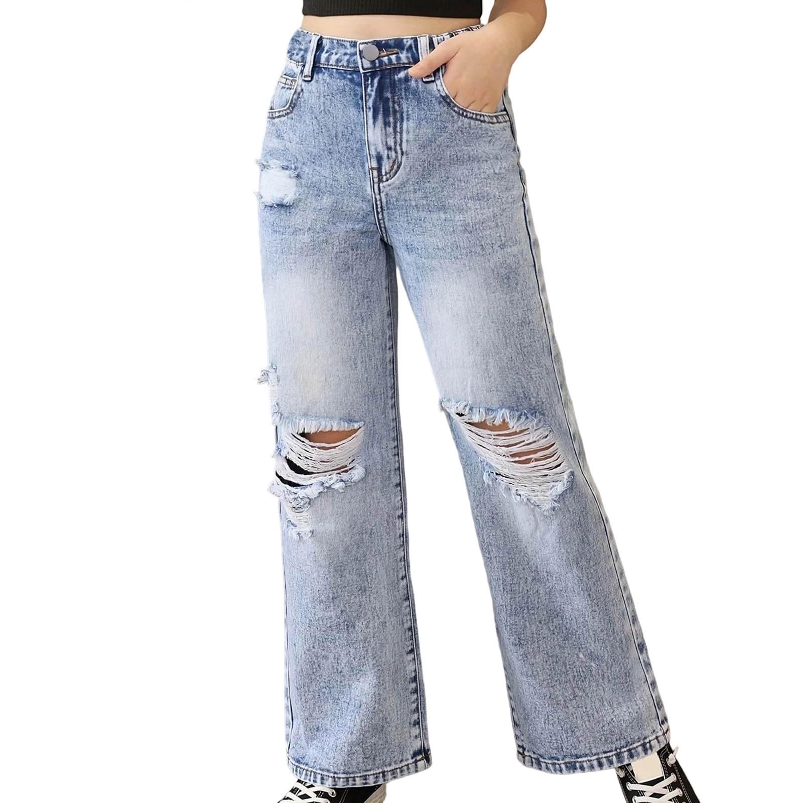 Generico Jeans Bambina 6-14 Anni Baggy Dritto Strappati Pantaloni Jeans Denim Ragazza Elasticizzati Vita Alta Casual Pantaloni da Lavoro Cargo Ampia Invernale con Tasconi Holiday Outdoor