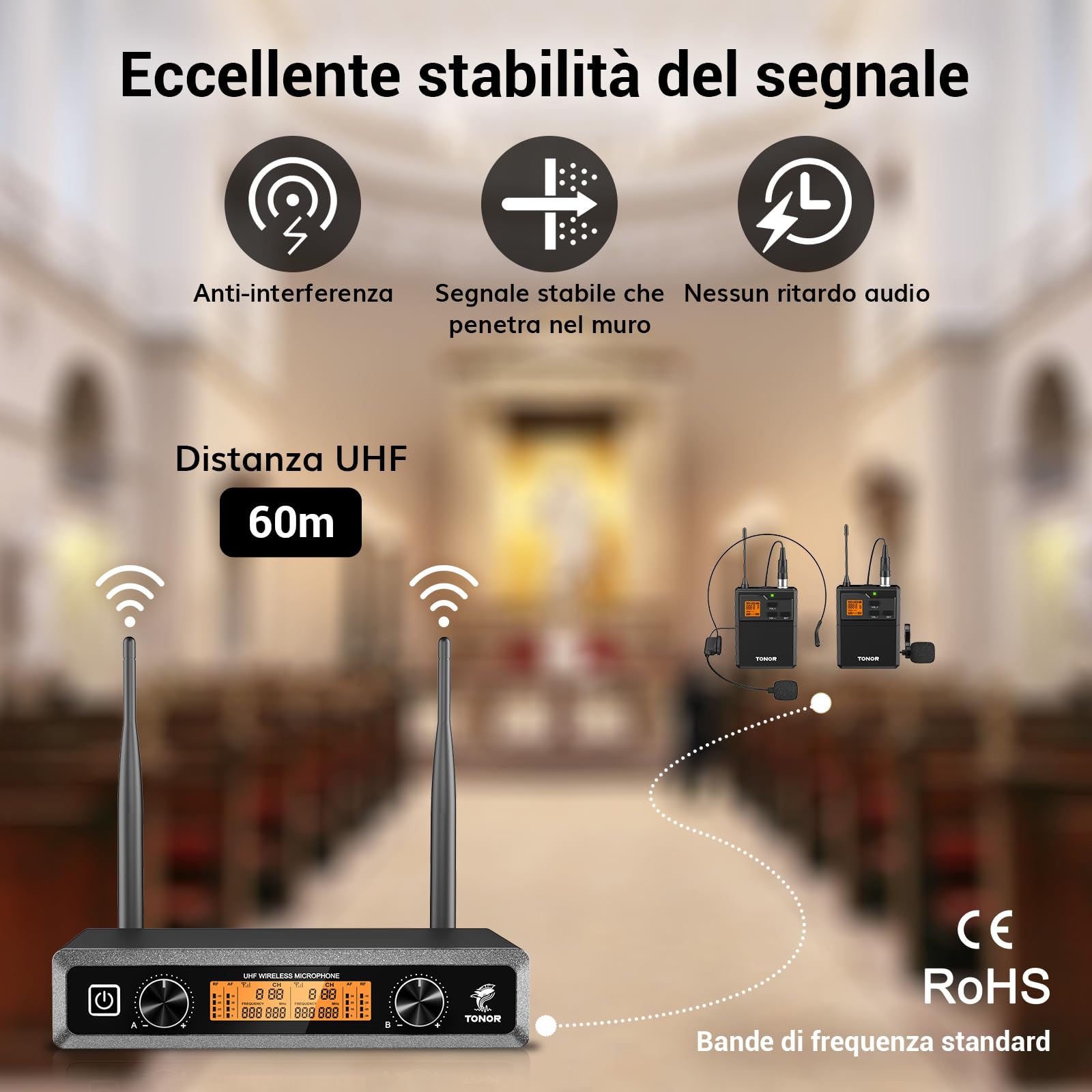 TONOR Sistema Microfono Wireless con Microfono archetto/Lavalier Microphone e Trasmettitore Bodypack e Ricevitore Metallici, 2x5 frequenze UHF, Distanza 60M Segnale stabile per Prestazioni Live