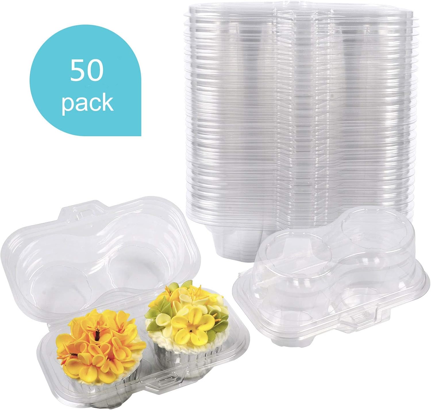 Sharlity Plastic Cupcake Containers Disposable Cupcake Holders Plastic Cupcake Carrier with Deep Dome(2 Count,50 Pack)