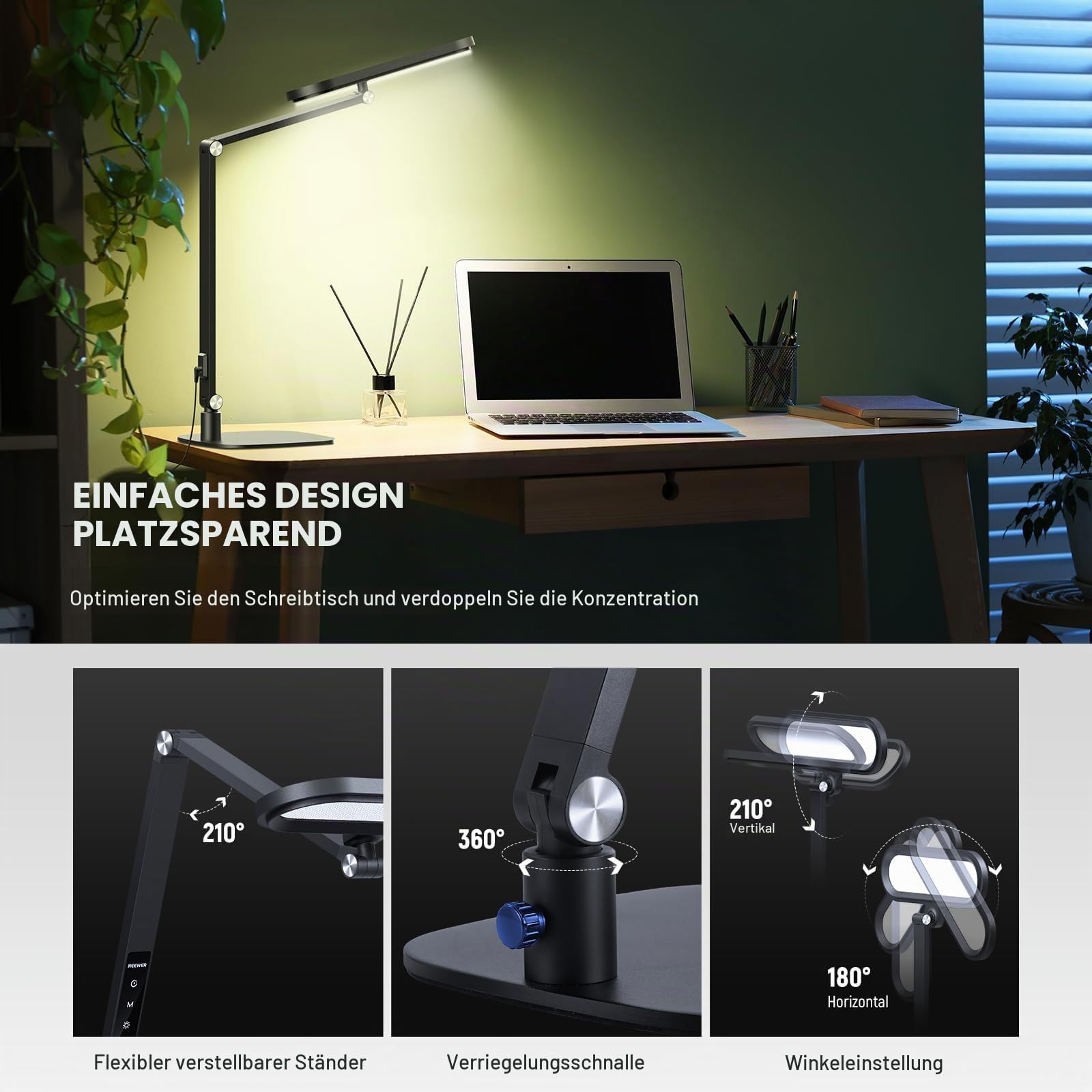 NEEWER Basics 16W Desktop LED Lampe für Homeoffice, Videokonferenzen und Lesen, augenschonendes, doppelseitiges, dimmbares Touch Ringlicht mit Tischständer, Memory Timer, 5 Farbmodi, CRI95, FR16