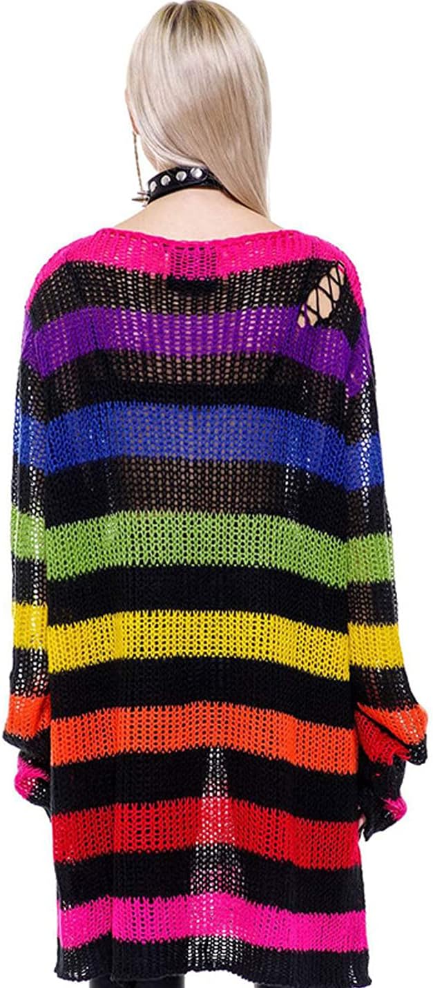 Peaceglad Womens Oversized Goth Punk Ripped Striped Long Sleeve Pullover Sweater Dress Tops - Image 2