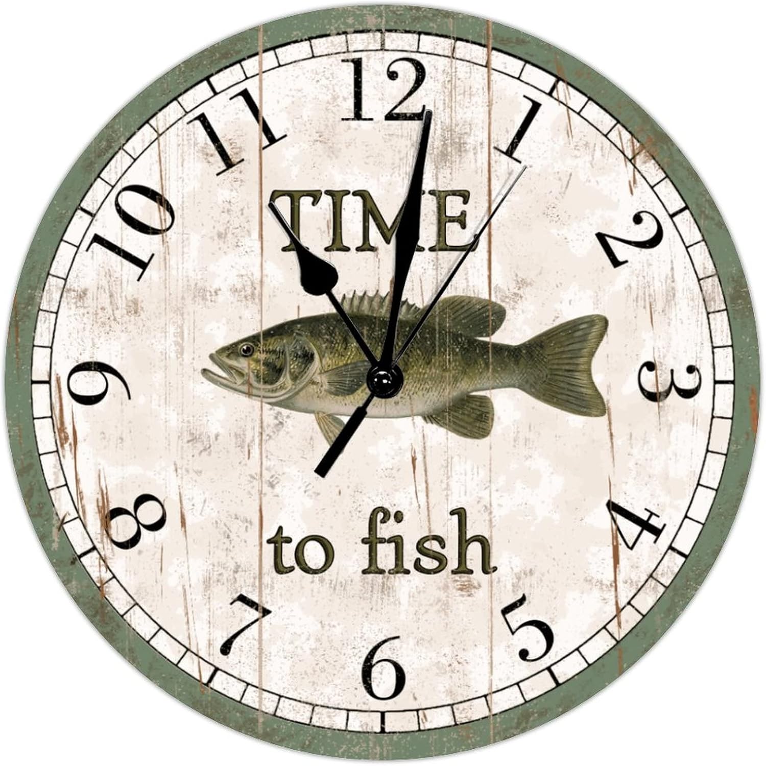 Time to Fish Decorative Wall Clock Smallmouth Bass Beach Decor Ocean Coastal Wooden Wall Clocks Silent Non Ticking 12Inch Wall Clock Vintage Country Style for Bathroom Bedroom Housewarming Gift