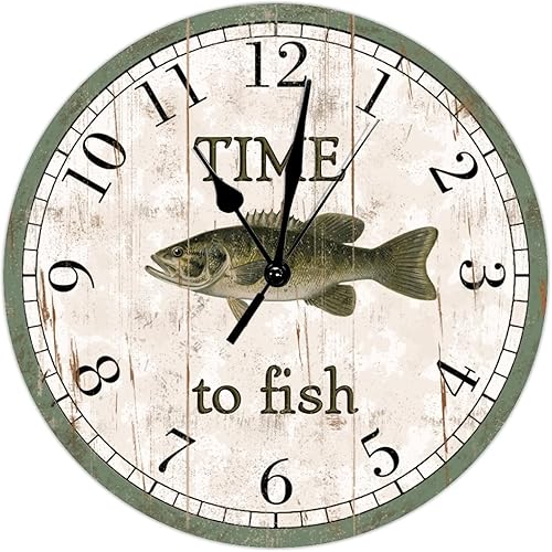 Time to Fish - Reloj de pared redondo de 15 pulgadas, reloj redondo de boca pequeña, decoración de playa, relojes de pared de madera costera del Time to Fish - Reloj de pared redondo de 15 pulgadas, reloj redondo de boca pequeña, decoración de playa, relojes de pared de madera costera del