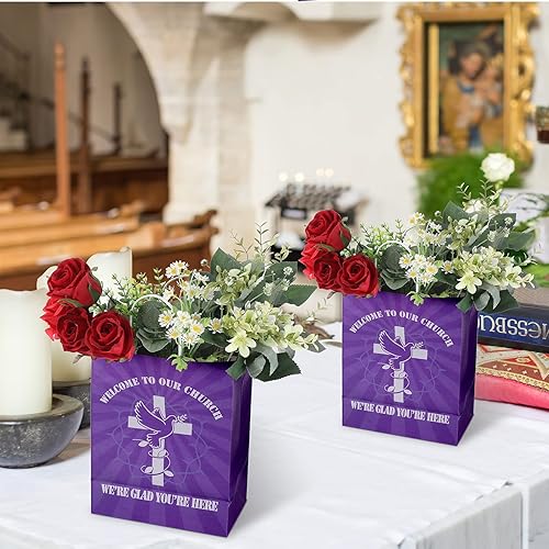 Miniatura 5 de Geyee 24 bolsas grandes de regalo de bienvenida a la iglesia, a granel, 10.7 x 4.3 x 8.7 pulgadas, papel cristiano religioso morado con asas para