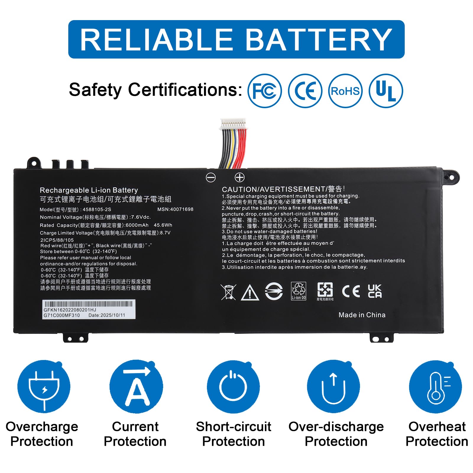 7.6V 6000mAh 4588105-2S 4588106-2S - Batería de repuesto compatible con Dynabook Satellite Pro C50-E C50-H C50-J C50-J C50-G C40-H C40-H C40-J, para Medion Akoya E15403 40071699 8 400 72215 4588106