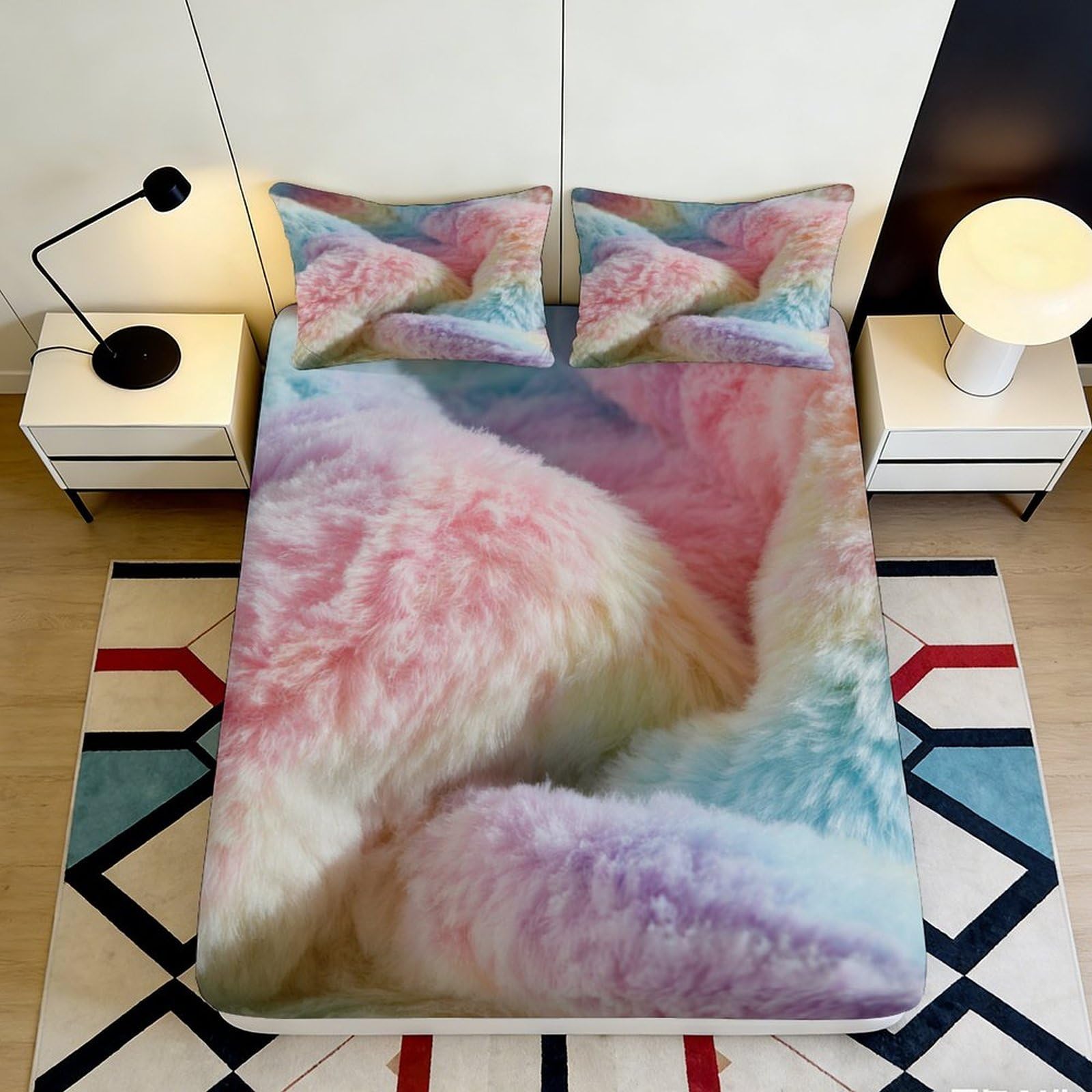 3D Printed Pastel Rainbow Fitted Sheet Microfiber Soft Plush Gradient Cloud Mattress Cover for Bedroom Dorm Decor 120x200x25cm