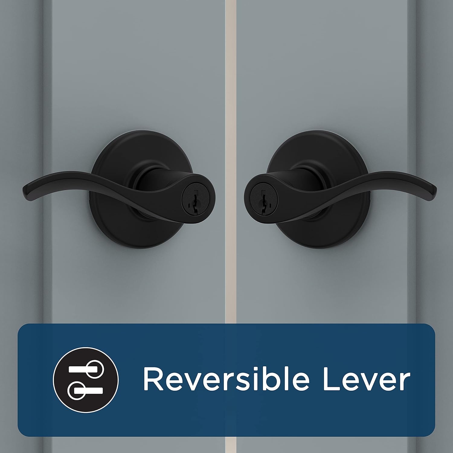 Diagram showing a reversible door lever for left or right-hand doors