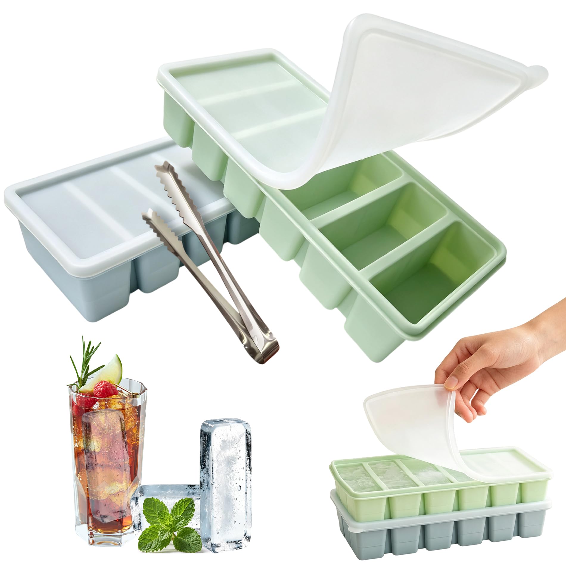 Tashce 2 PCS Silicone Ice Cube Tray with Lid & Clip, Large, 6 Compartments