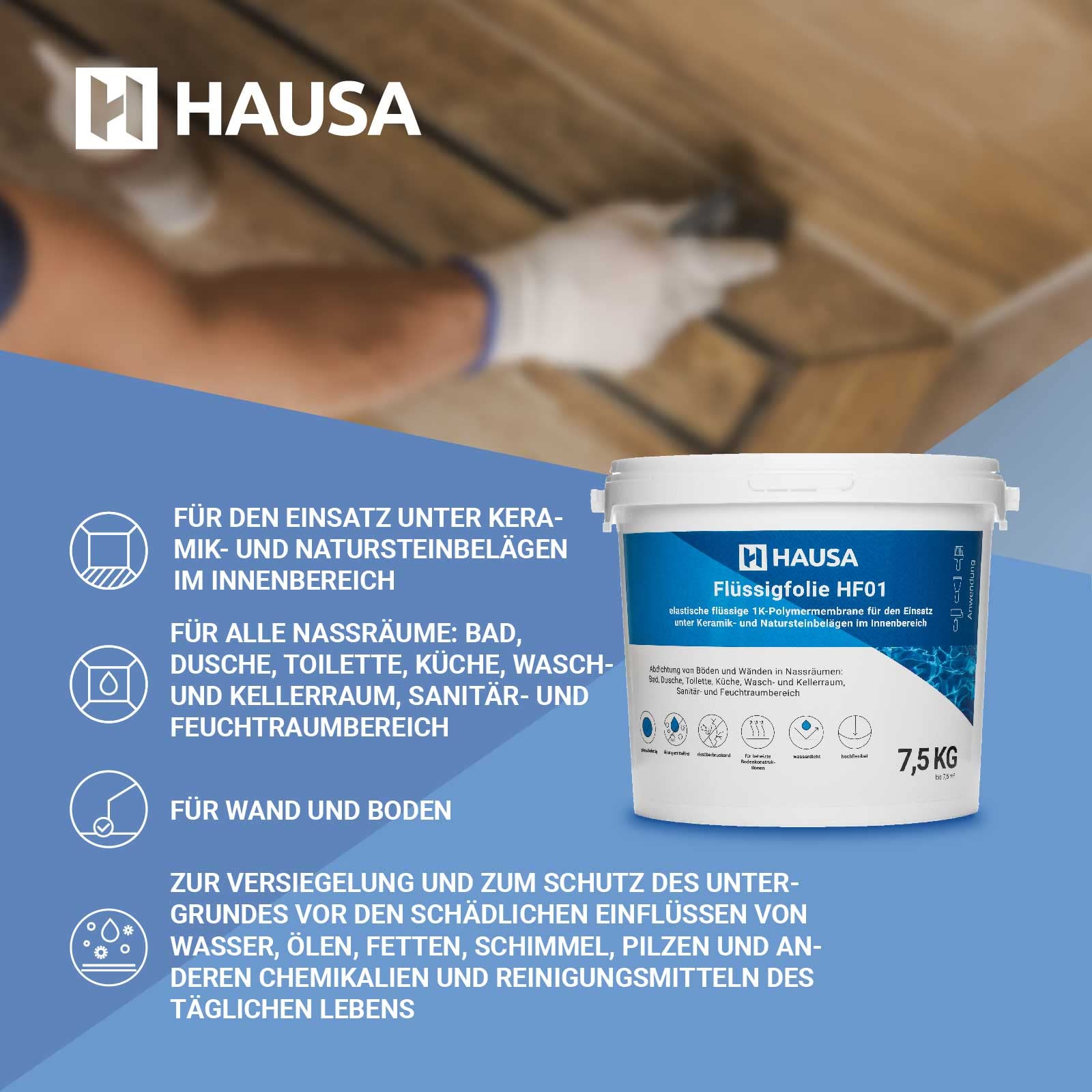 HAUSA HF01 Film Liquide pour l'Intérieur Étanchéité de Douche de Salle de Bain Membrane Polymère Élastique Liquide Monocomposant Masse d'Étanchéité Film d'Étanchéité Bleu 7,5kg à 7,5m2