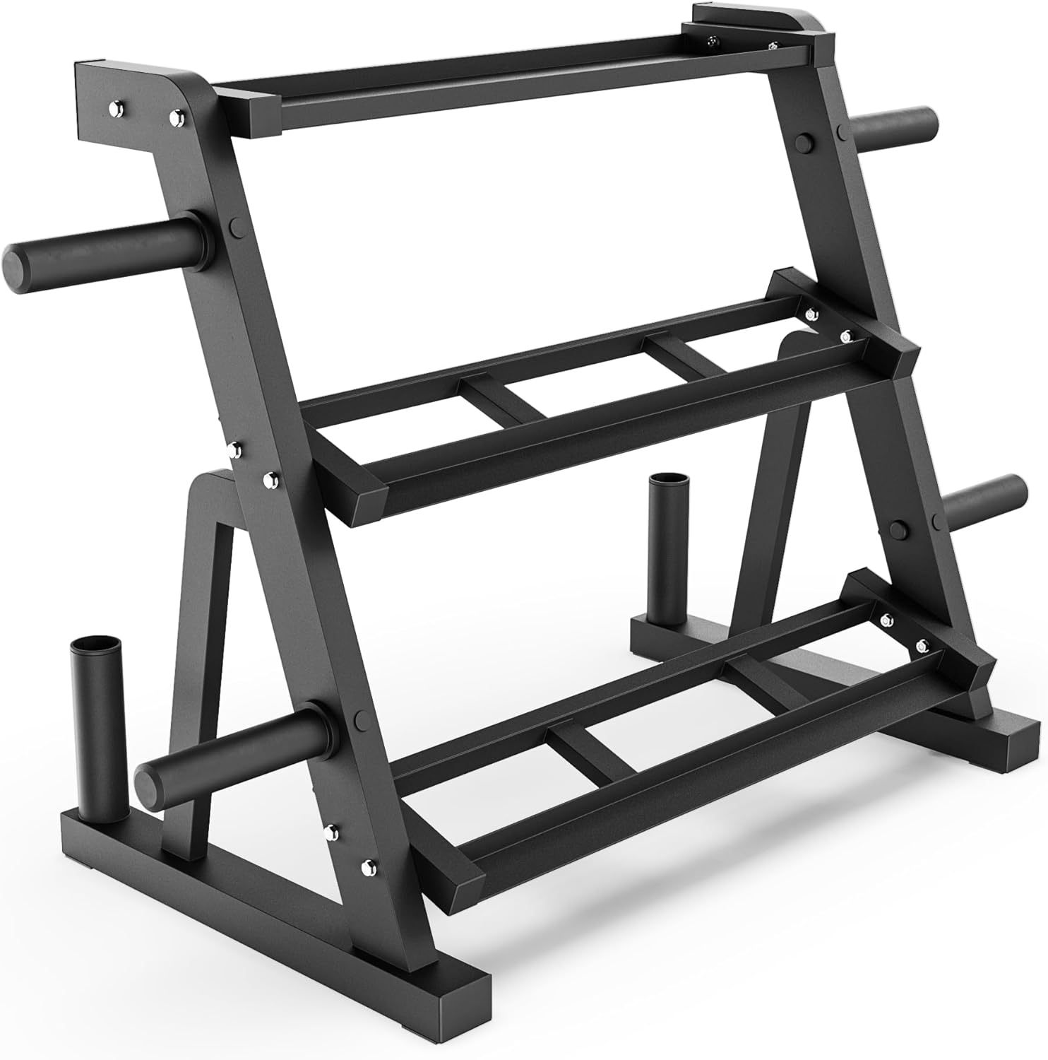 Synergee 3-Tier Dumbbell Storage Rack with 2 Barbell Holders and 4 Weight Plate Pegs, Featuring 2-Tier Dumbbell Storage and 3rd Tier for Kettlebell Storage – Accommodates 1" and 2" Plates – All-in-One Dumbbell & Kettlebell Rack