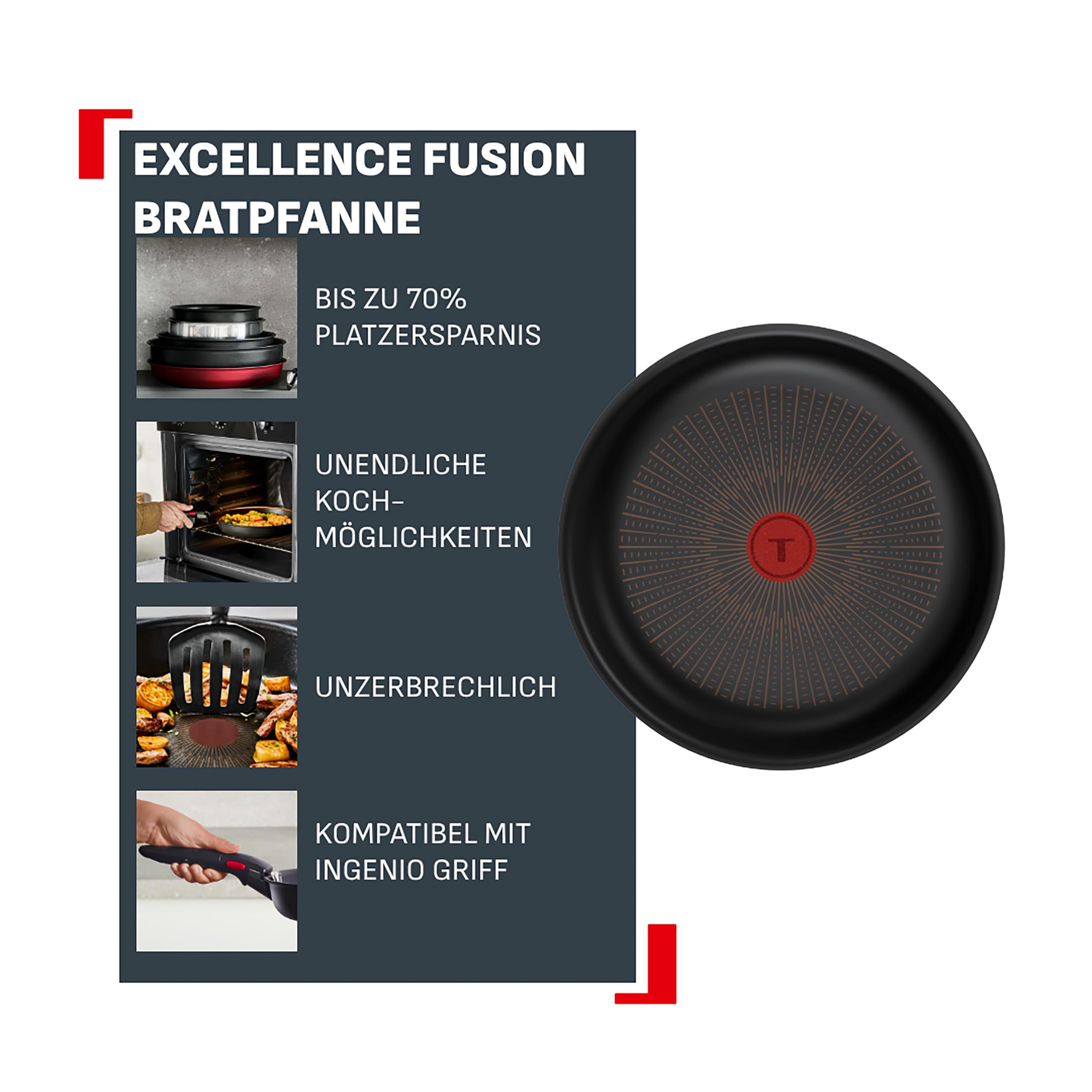 Tefal Ingenio Excellence Fusion Bratpfanne 28 cm, Fusion Core Antihaftversiegelung, stapelbar, platzsparend, Thermo-Signal, für alle Herdarten, mühelose Reinigung, Schwarz, P0050653