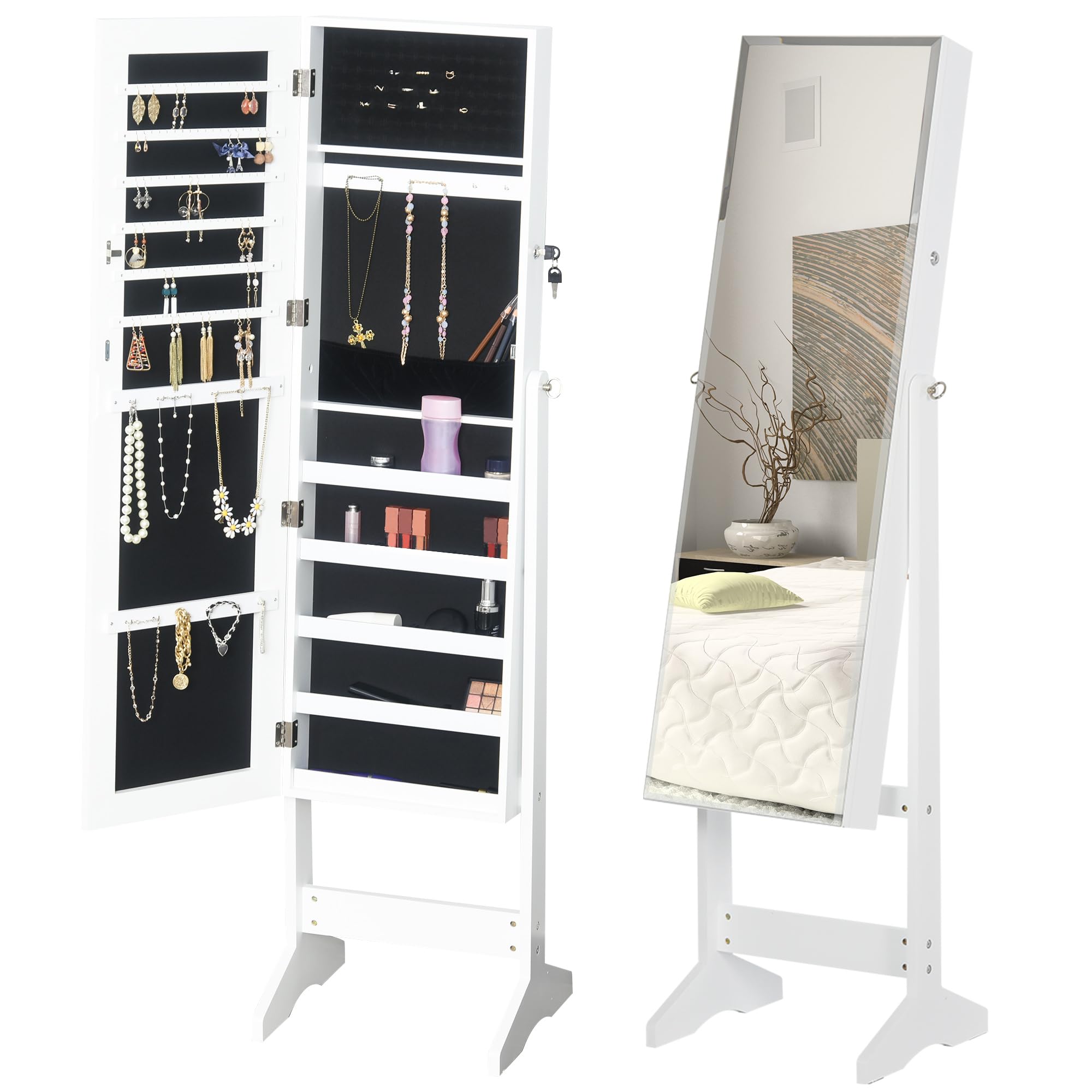 HOMCOM Jewelry Cabinet Standing Mirror Full Length Makeup Lockable Armoire Storage Organizer White  | TJ Hughes