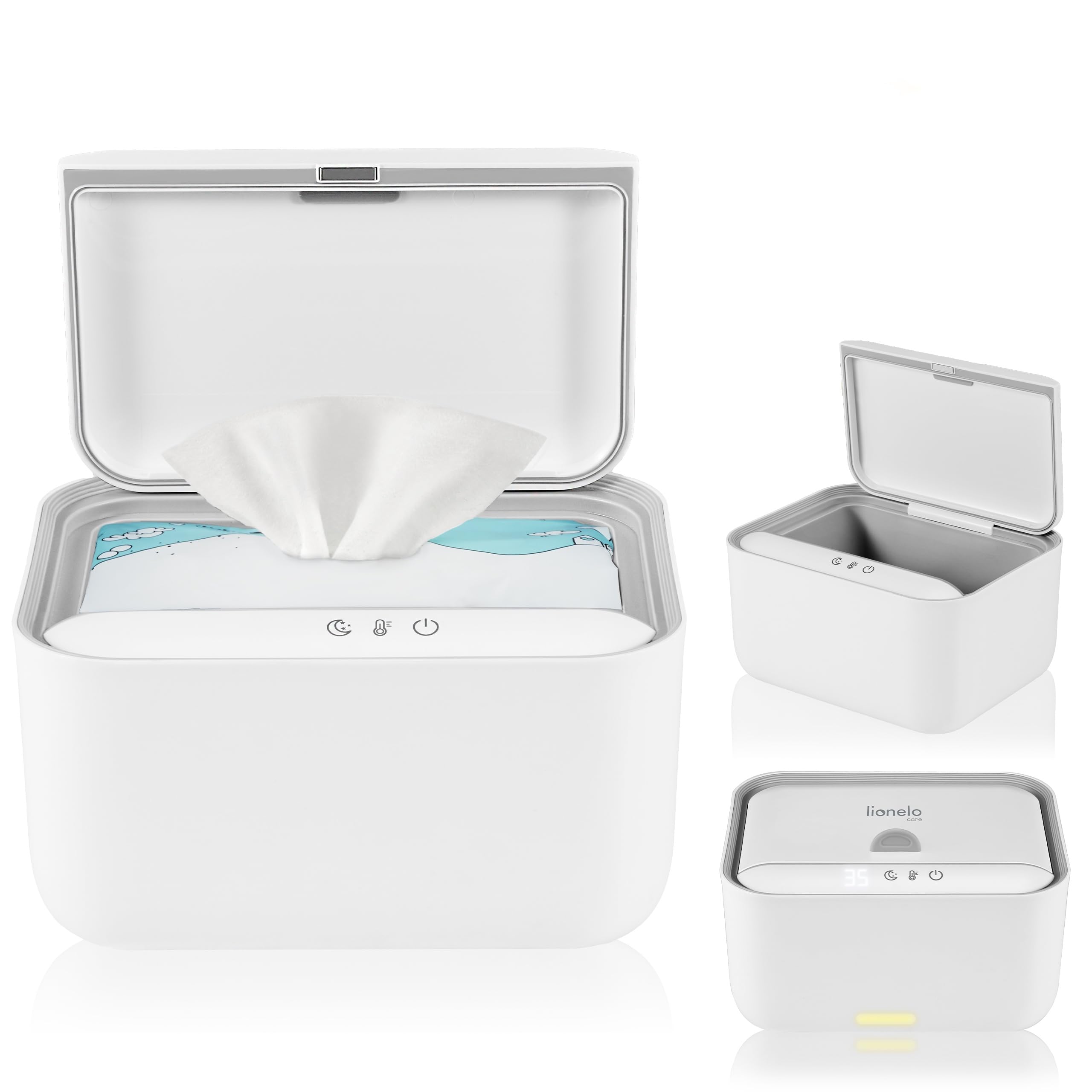 Lionelo BABYBLISS 20W Wärmegerät für Feuchttücher und kleine Handtücher 20 W für Babys, eingebautes Nachtlicht, 3 Heizstufen, Touch Panel, hält die Tücher feucht