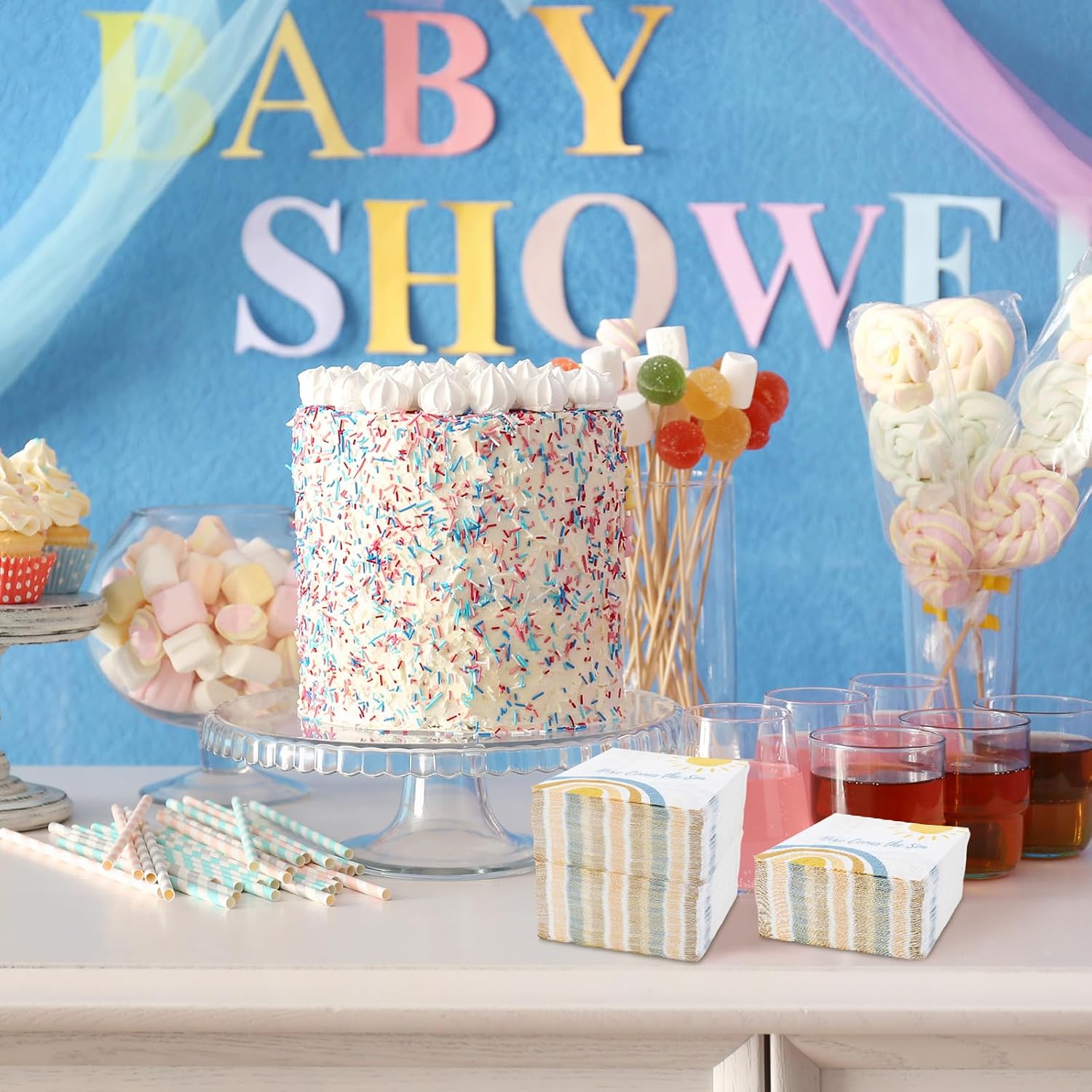 Fulmoon 100 Pcs Here Comes the Son Baby Shower Decorations Napkins Disposable Boho Sun Napkins Cocktail Party Paper Boho Party Decorations for Boys Kids Birthday Supplies,10 x 10 Inches