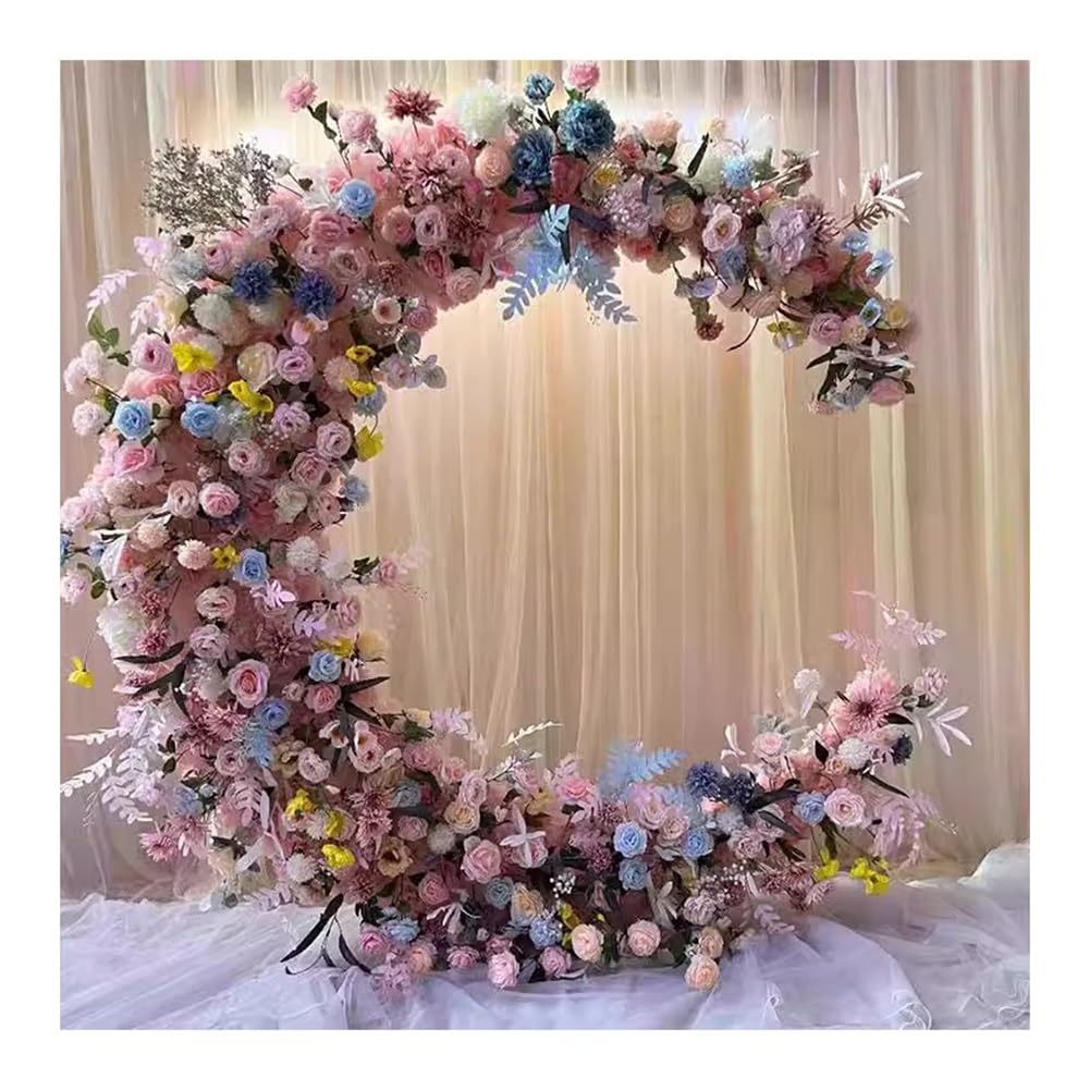 Soporte de arco de boda, marco de metal de luna creciente de 6 pies con flores artificiales para decoración de eventos, cumpleaños, despedida de soltera, telón de fondo de fiesta