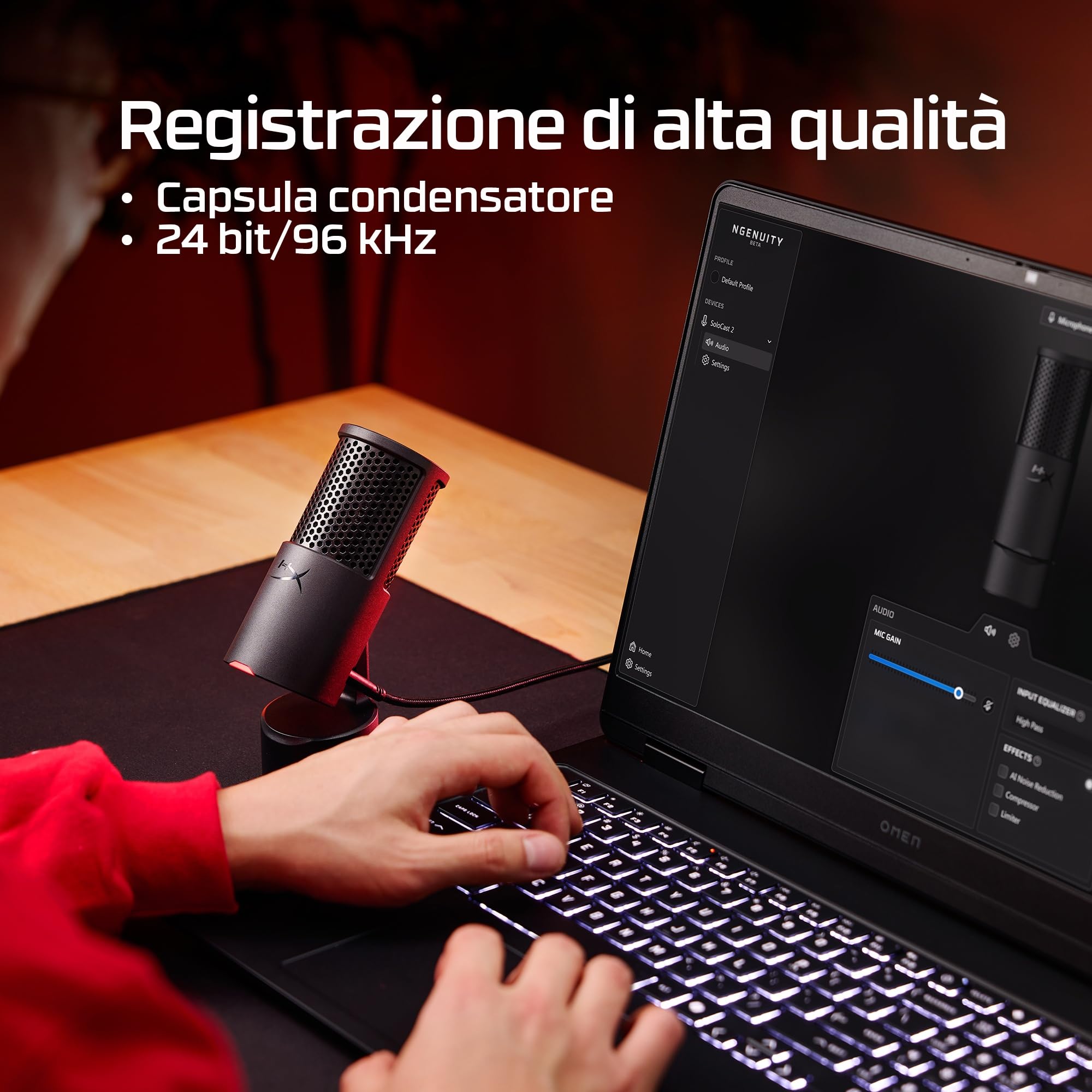 HyperX SoloCast 2, Microfono Usb-C Condensatore per Gaming, Streaming, Podcast, Compatibile Con Pc, Mac e Bracci Filettati, Controllo Con Software Ngenuity, Plug-and-Play, Audio Chiaro, Nero