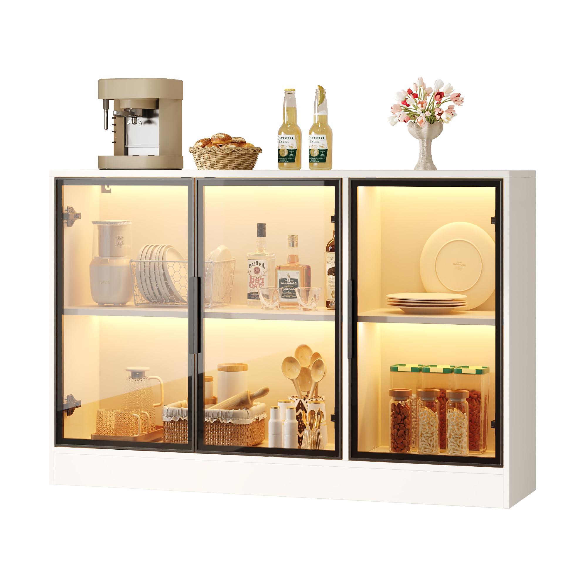 Witryna szklana, wymiary 120 x 30 x 73 cm – biała, z szarymi frontami szklanymi i wbudowaną taśmą świetlną LED, wszechstronne zastosowanie jako highboard, szafka prezentacyjna lub szafka