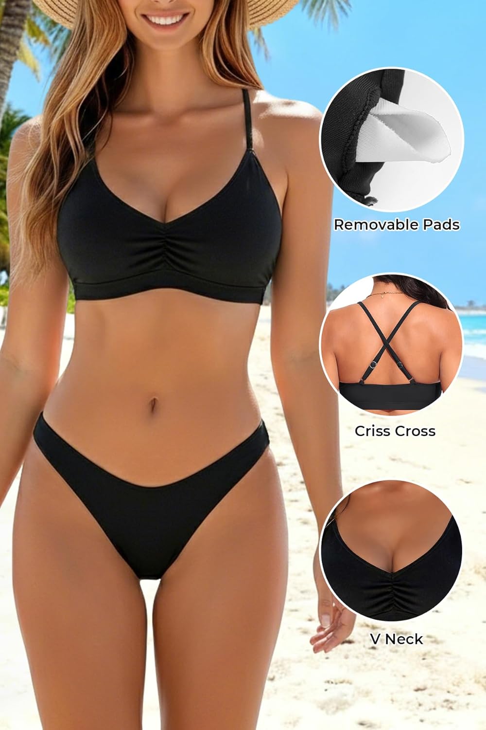 Women Bikini Top - V Neck Swimsuits Top Only Crisscross Bathing Suit Swim Bra Padded - Image 3