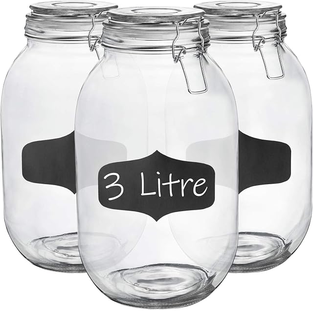 Argon Tableware 3x 3000ml (3 Litre) Clear Glass Storage Jars with Chalkboard Labels White Airtight Silicone Seal and Metal Clip Lids - 105.5oz Large Empty Kitchen Containers